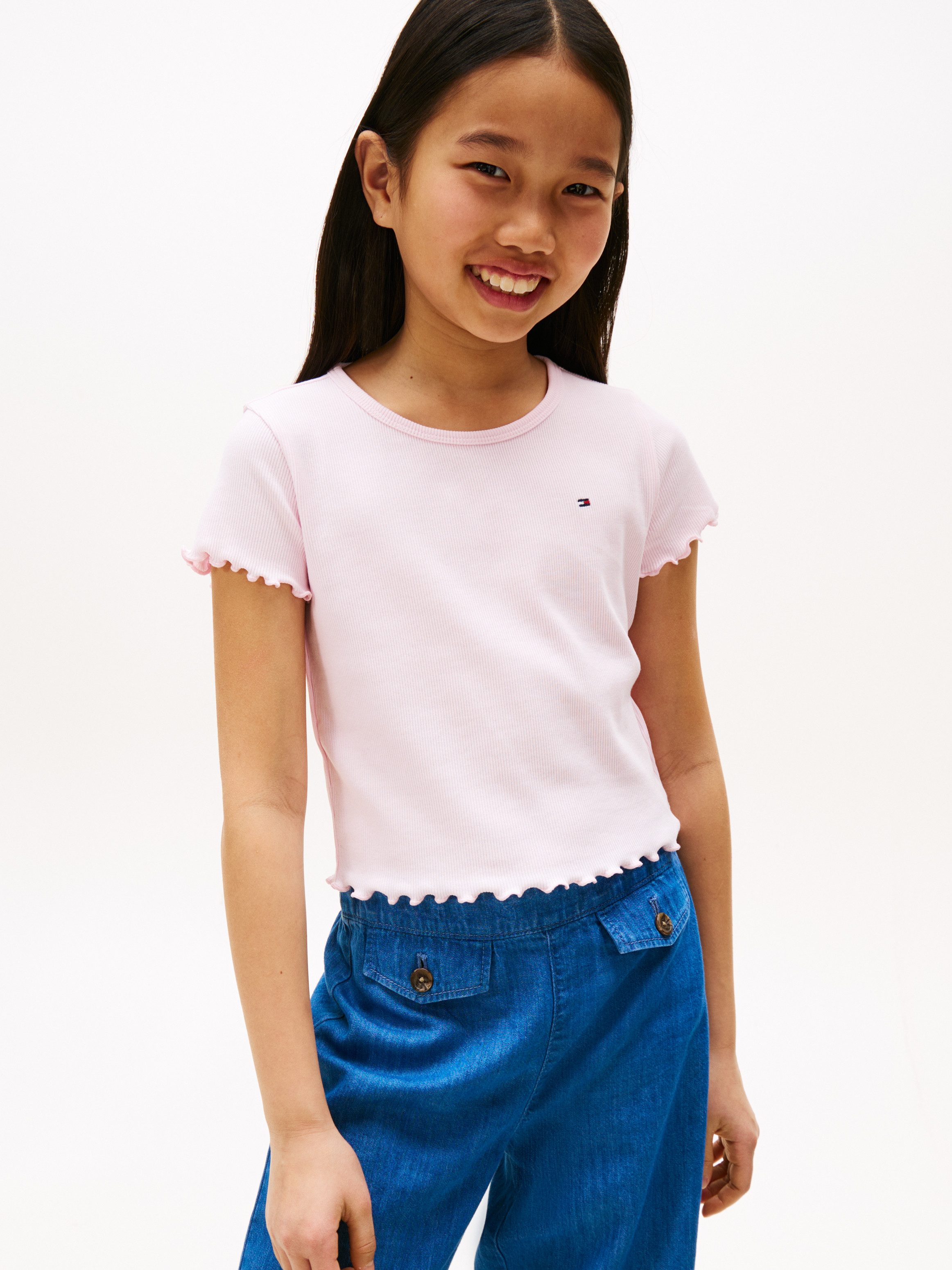 Tommy Hilfiger T-Shirt ESSENTIAL RIB TOP mit Babylock-Kanten und Stickerei unifarben, casual, regular fit, Baumwollmix, Rundhals