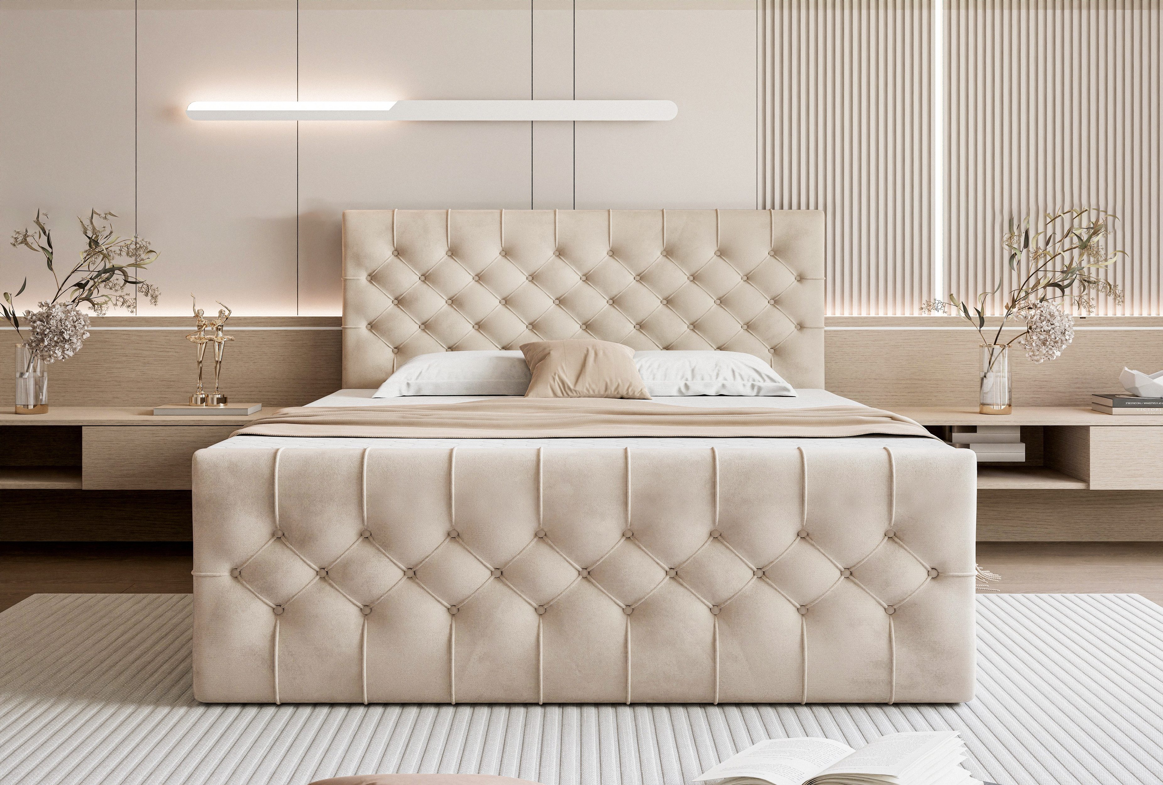 Goldstoff Boxspringbett TAURIEL mit Zwei Bettkasten günstig online kaufen