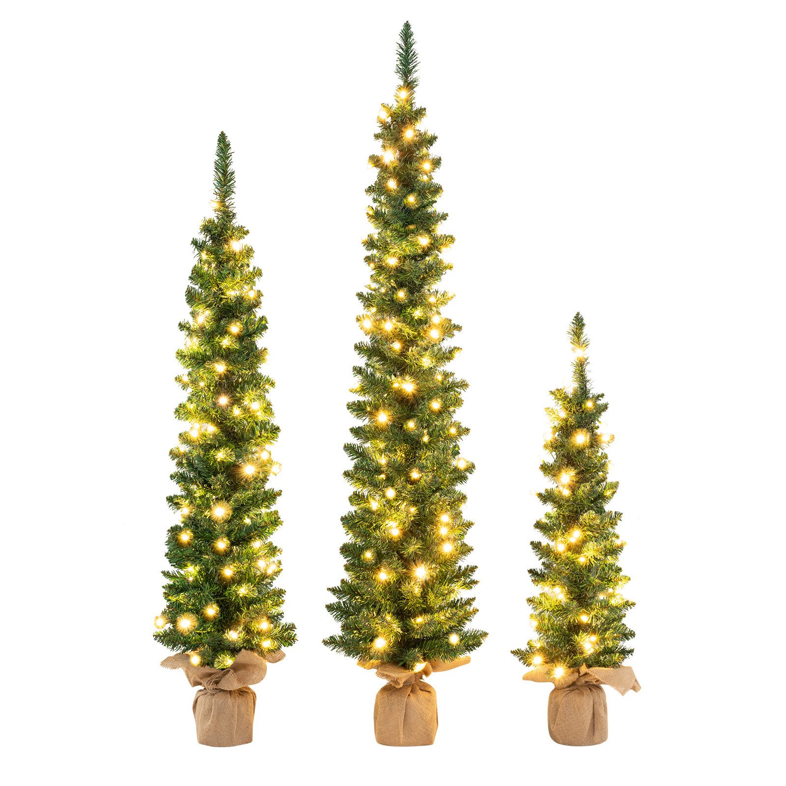 COSTWAY Künstlicher Weihnachtsbaum, 3er-Set, 90/120/150cm, warmweiße LEDs