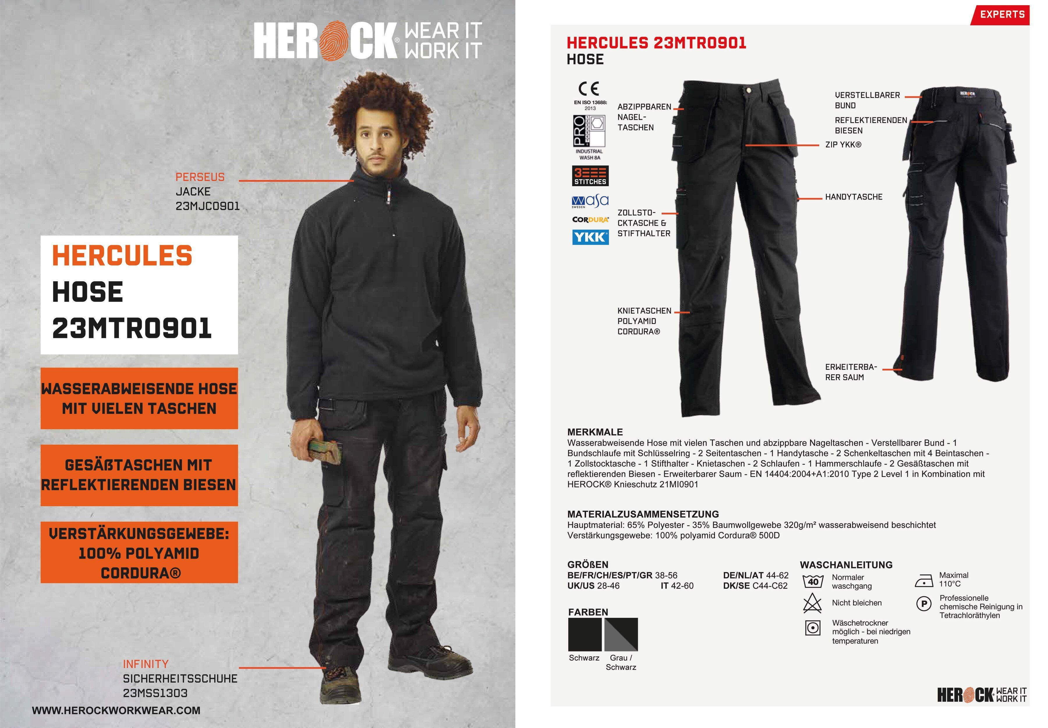 Hose Nageltaschen verstellb. abzippb. Hercules Wasserabweisend, Bund, Multi-Pocket, Herock Arbeitshose schwarz