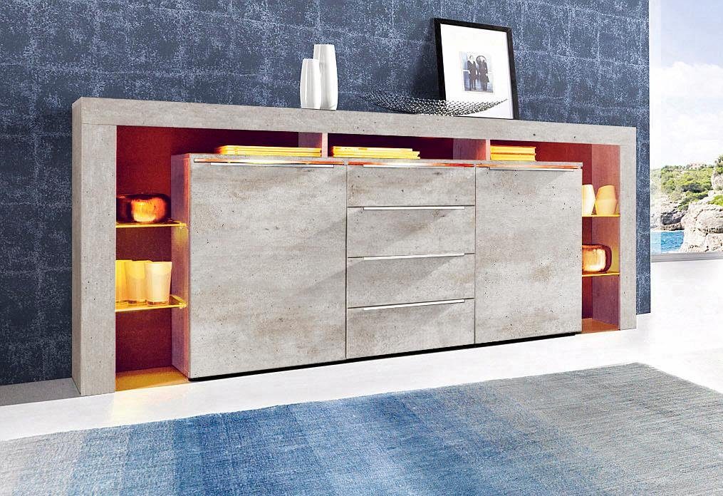 borchardt Möbel Sideboard Lima, Breite 192cm mit Metallgriffen und Glasböden, Sehr viel Stauraum, 2 Türen, 4 Schubfächer, eleganter Überbau