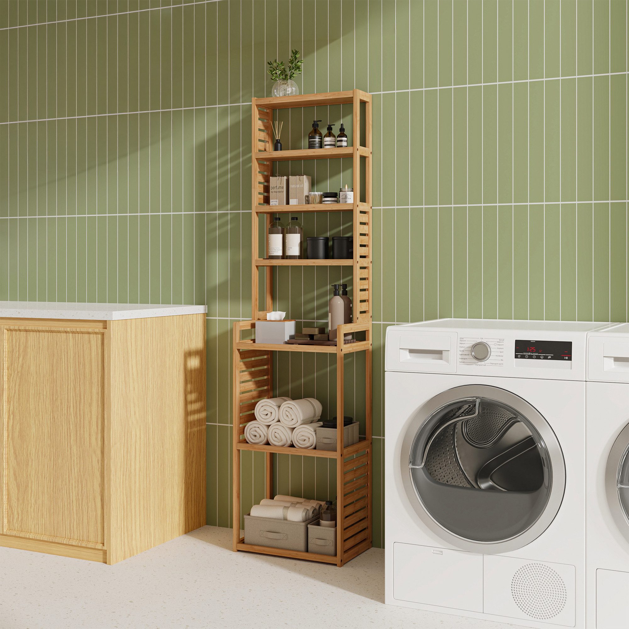 en.casa Standregal, »Forssa« Badregal Bambus Küchenregal 165 x 42 x 28 cm Natur