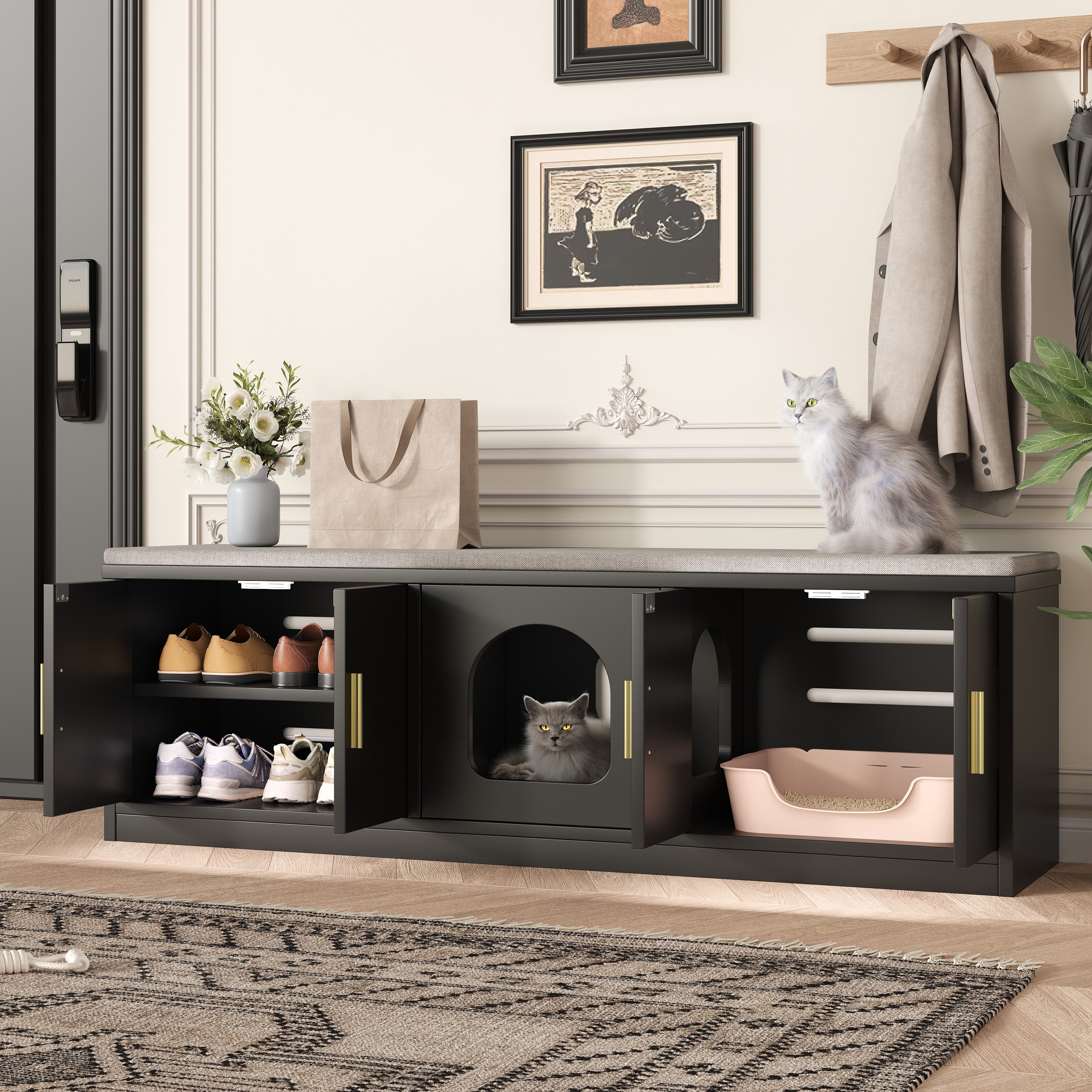 Flieks Lowboard Katzenschrank mit Tierhaus (1 St., 140x40x45,5 cm), Tiermöbel mit Kratzbaum und verstellbaren Einlegeböden Holzschrank – Bild 2 von 5