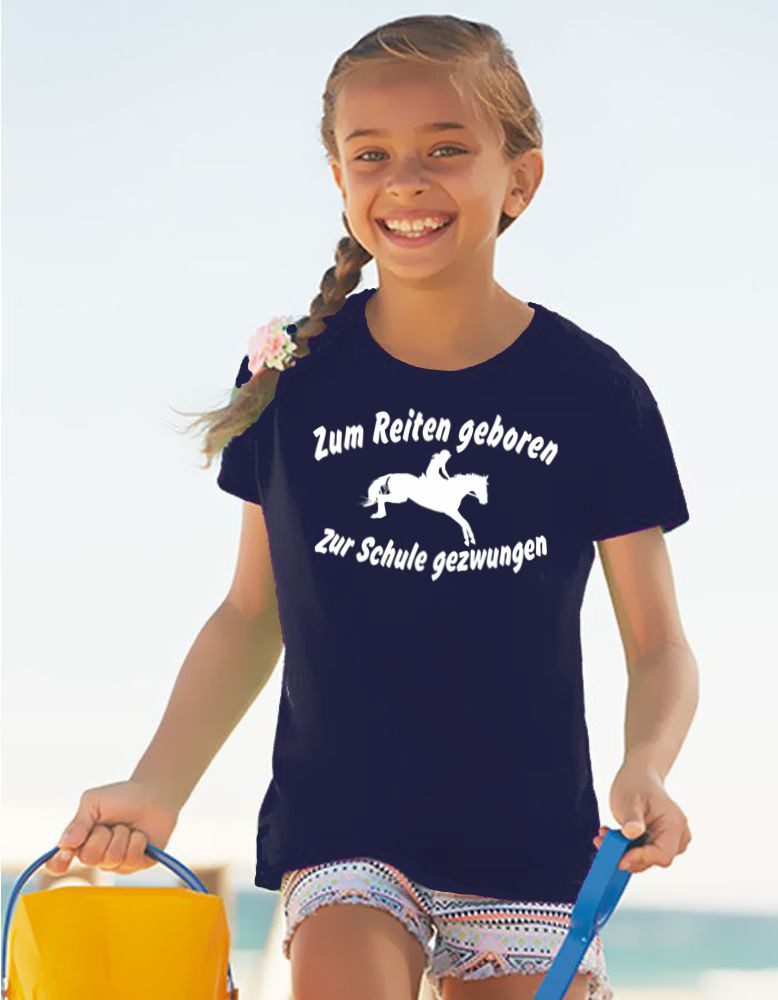 coole-fun-t-shirts T-Shirt Zum Reiten geboren - Zur Schule gezwungen Mädchen T-Shirt