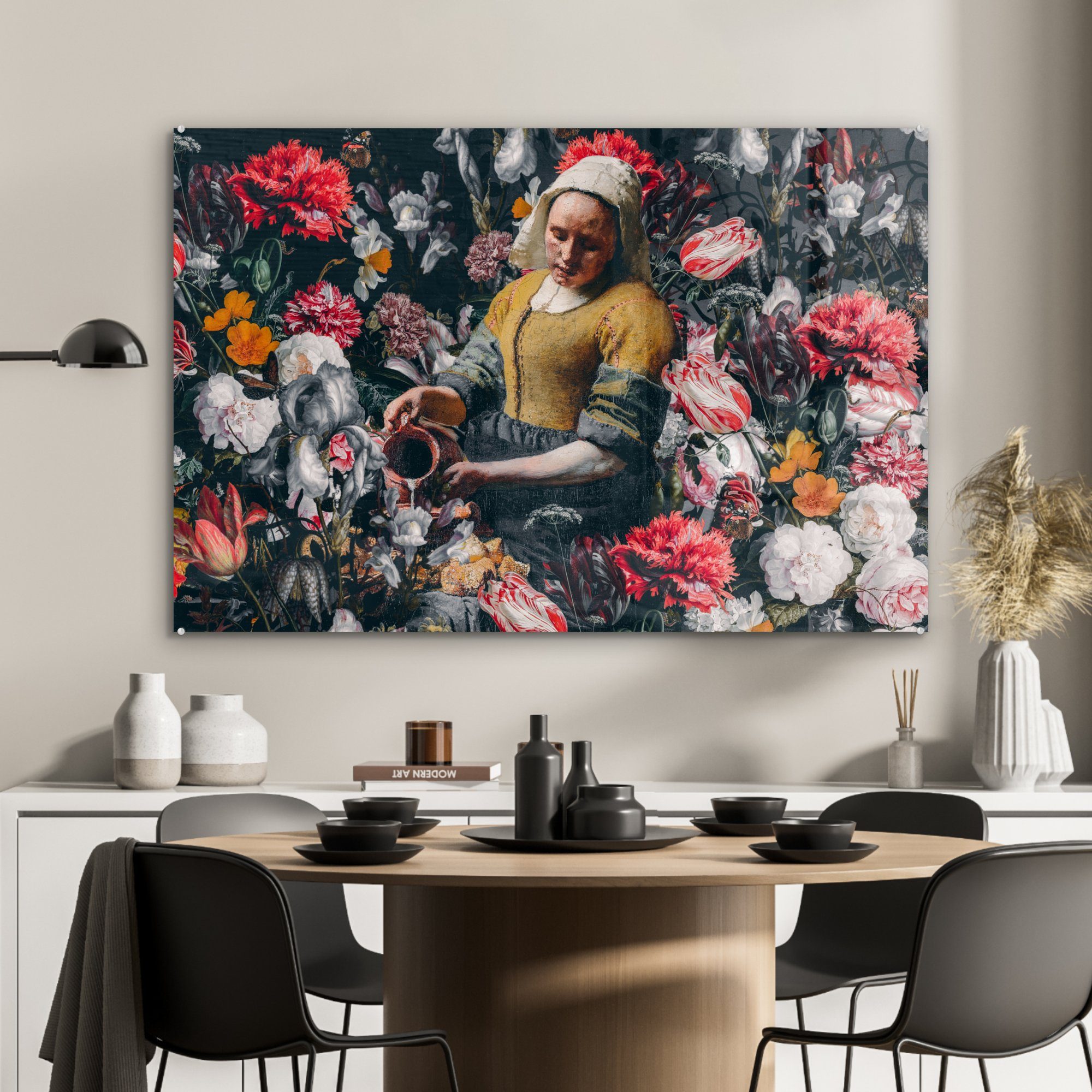- Wohnzimmer Schlafzimmer (1 Milchmädchen Blumen, St), & MuchoWow Acrylglasbild - Johannes bunt Acrylglasbilder Vermeer
