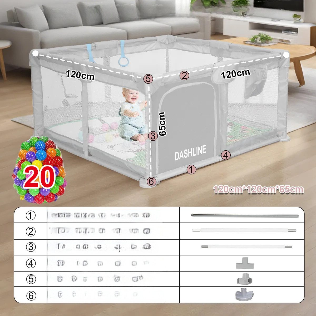 FIVMEN Laufstall Absperrgitter Aktivitätsbereich 120x120x65cm, Tragbarer Kinderzaun Netz Sicherheitsspielplatz für Kinder