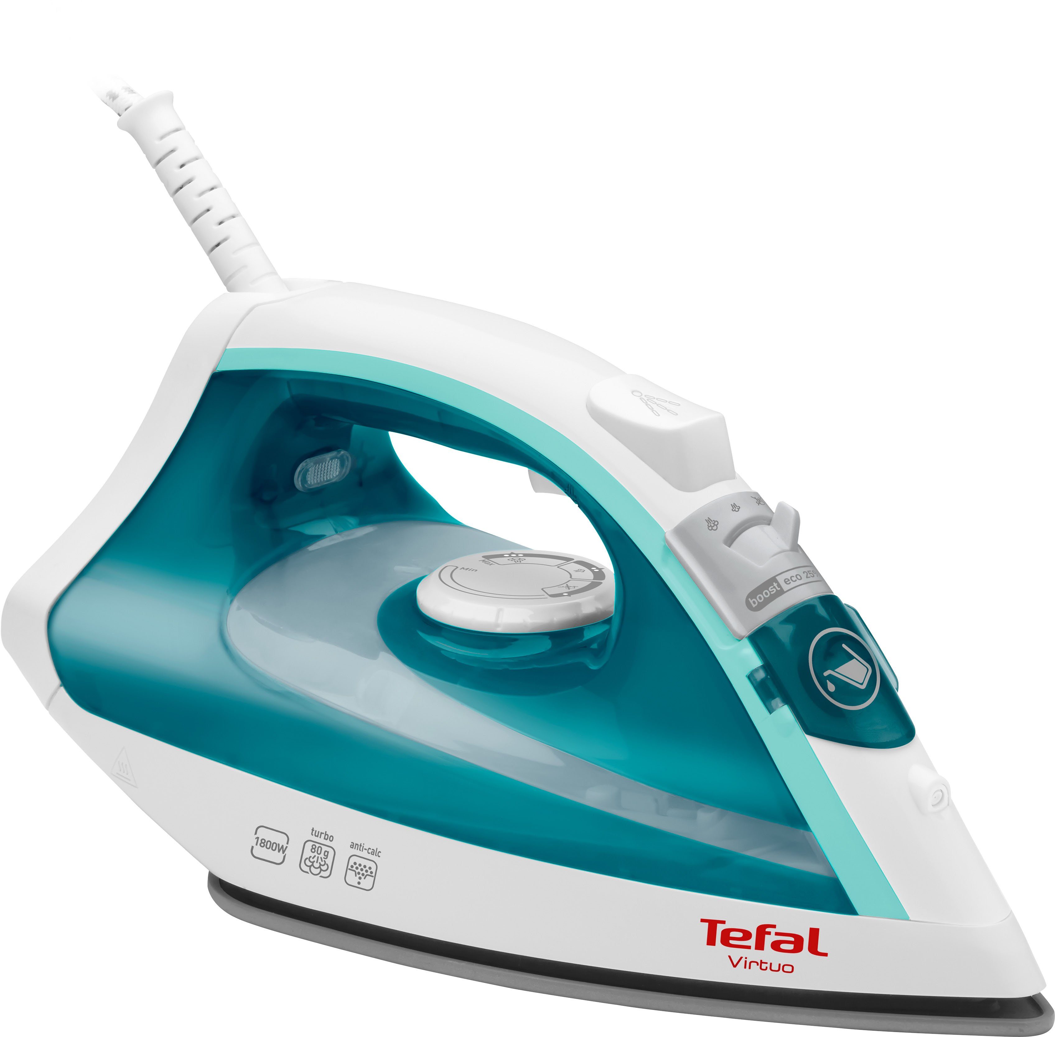 Tefal Dampfbügeleisen FV1710 Virtuo, 1800 Watt, 80 g/Min. Dampfstoß, 1800 W, 20 g/Min. kontinuierlicher Dampf, Antihaft-Bügelsohle, weiß/türkis