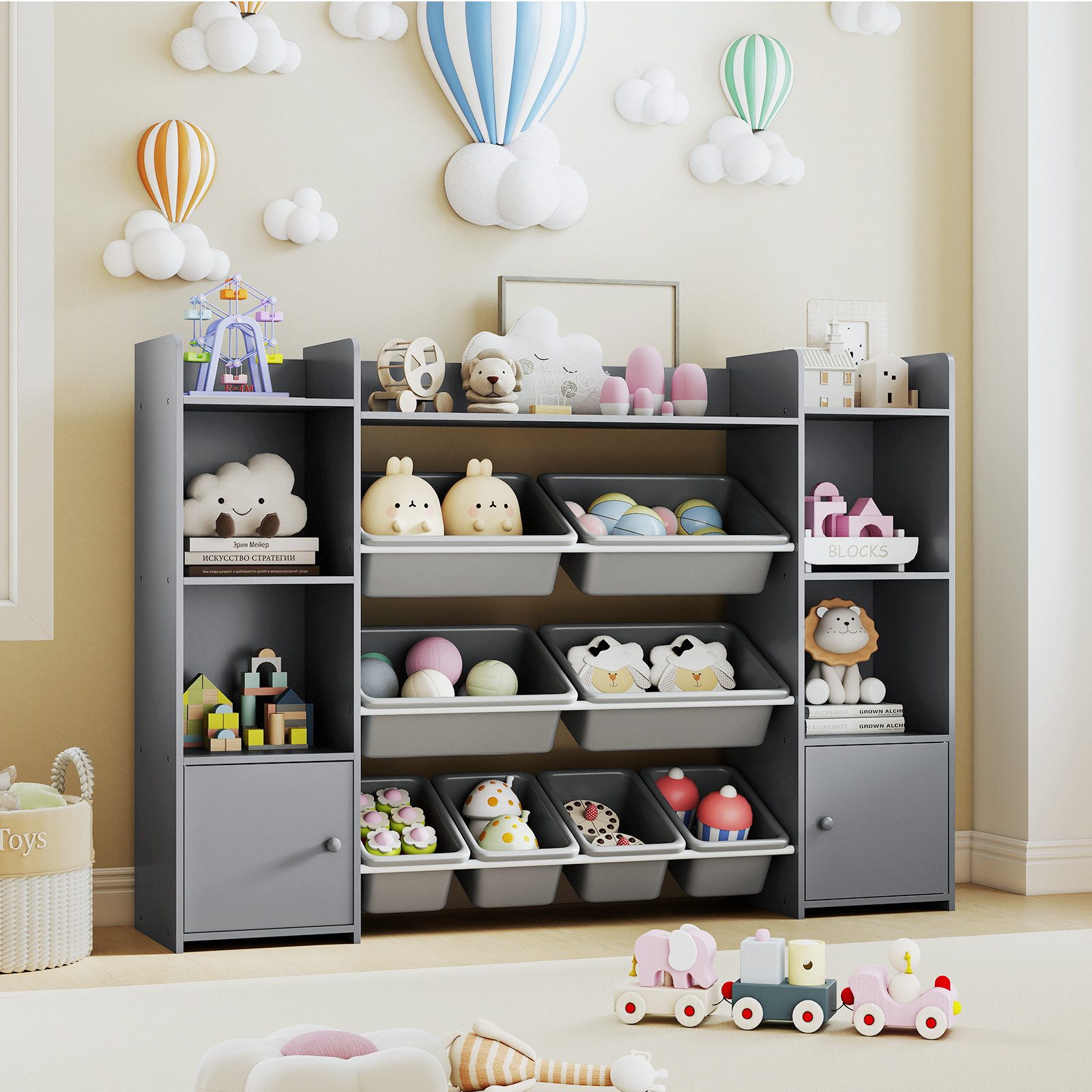 COSTWAY Kinderregal, 4-stöckiges Spielzeugregal mit 8 Boxen, Holz, grau