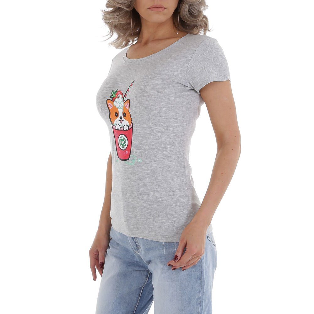 Damen Shirts Ital-Design T-Shirt Damen Freizeit Print Stretch T-Shirt in Hellgrau