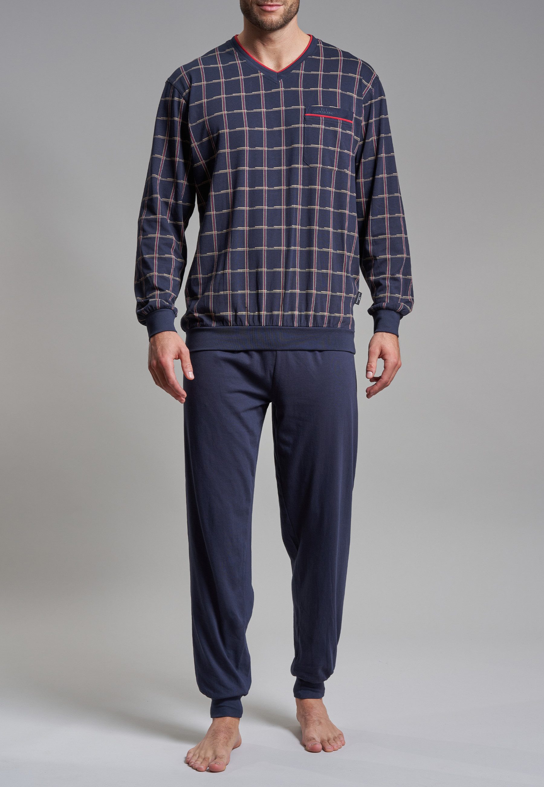 GÖTZBURG Pyjama Bronx (2 tlg) Langarm, V-Ausschnitt, lange Hose, Baumwolle, mit Muster