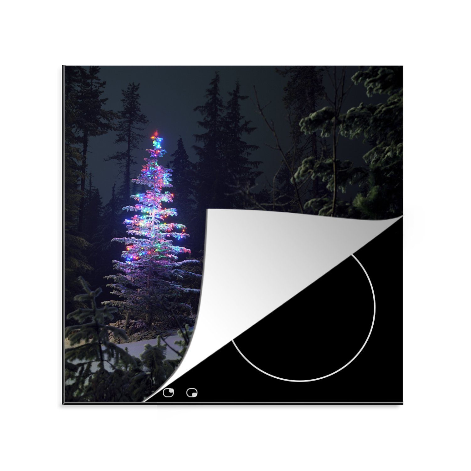 MuchoWow Herdblende-/Abdeckplatte Beleuchteter Weihnachtsbaum in einem dunklen Wald, Vinyl, (1 tlg), 78x78 cm, Ceranfeldabdeckung, Arbeitsplatte für küche