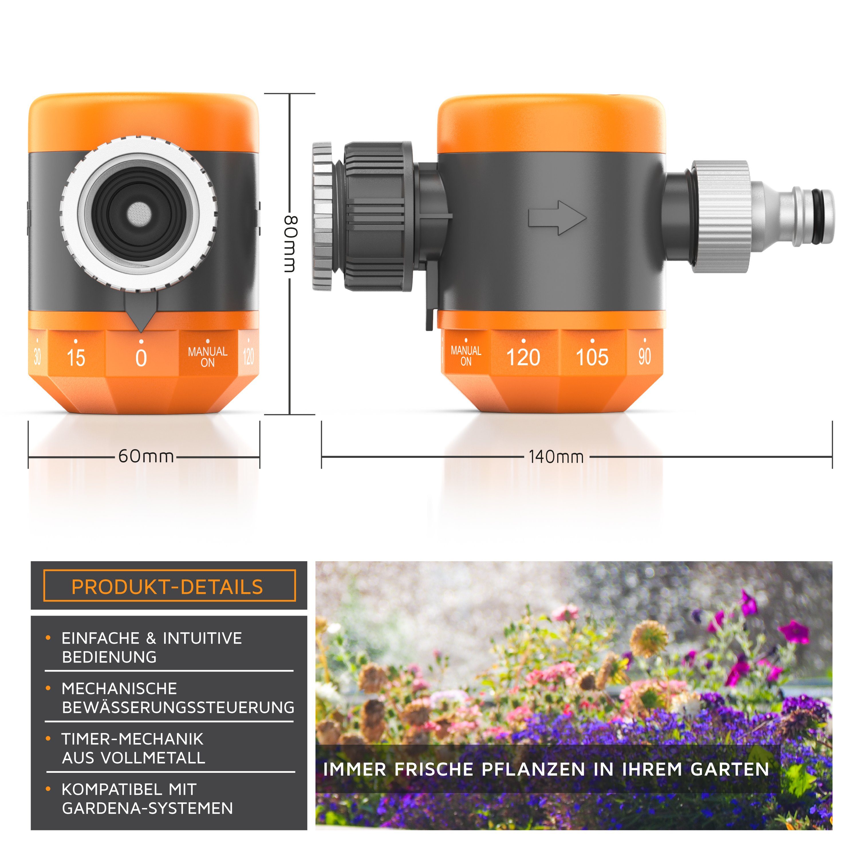 Brandson Bewässerungssteuerung Bewässerungsuhr, Wasserzeitschaltuhr, automatisch, Timer 15 - 120 Min., (Set, 2-tlg., inkl. 1/2" Adapter (3/4"1/2", Schnellverschluss), Bewässerungssystem, einfache manuelle Bewässerung