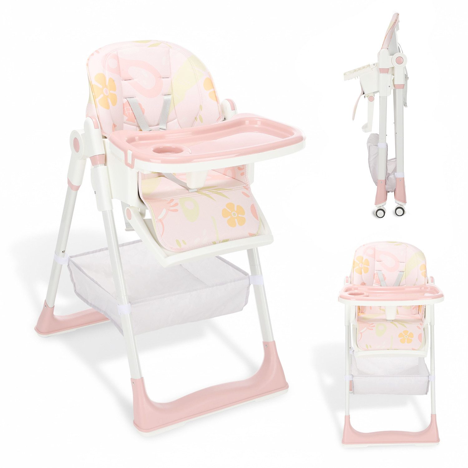 oyajia Kinderklappstuhl Kinderhochstuhl & Babyliege, extra breite Rückenlehne (mit Ablagekorb, mit 5-Punkt-Sicherheitsgurt, wasserdichtes abnehmbares Tablett), klappbar, 6 Monate bis 3 Jahre, 20kg belastbar, vier Farben