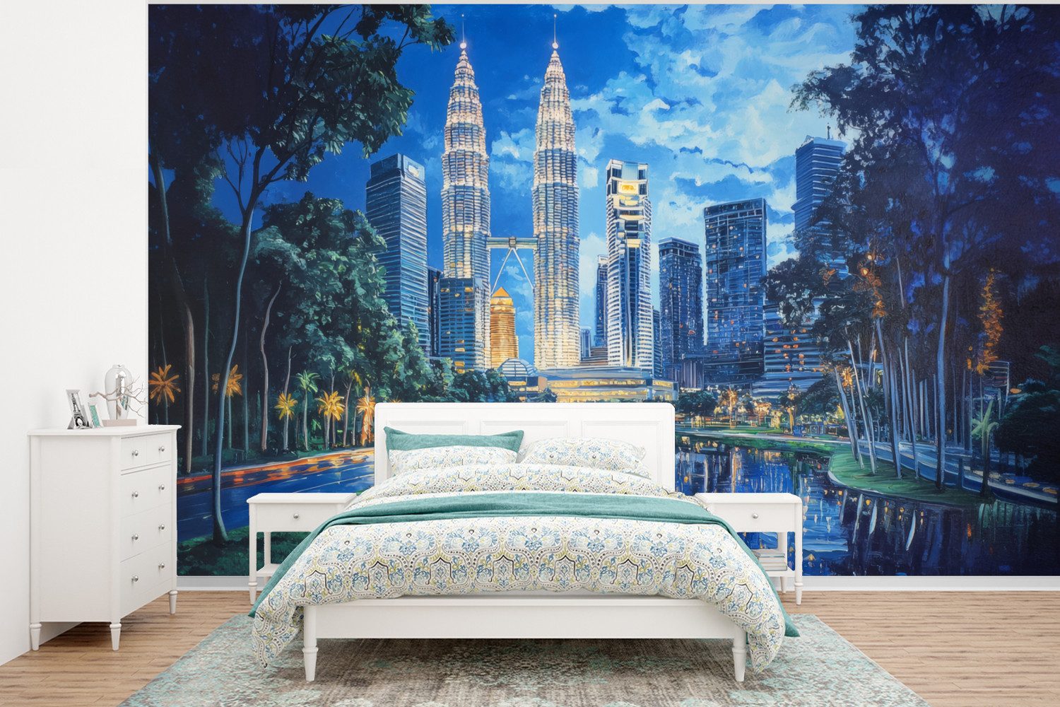 MuchoWow Fototapete Stadt Kuala Lumpur - Skyline - Wolkenkratzer - Wasser, Matt, bedruckt, Vliestapete für Wohnzimmer Schlafzimmer Küche, Fototapete, 375x280 cm