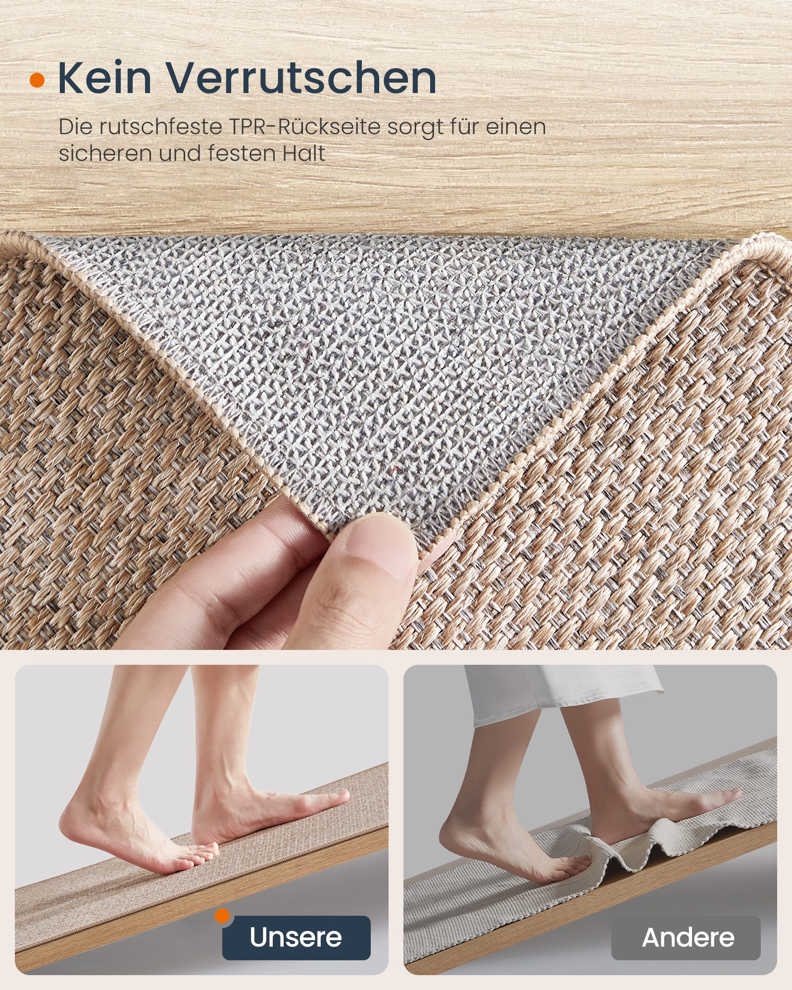 SONGMICS HOME Sisalteppich Wohnzimmerteppich, für Flur, Küche, Schlafzimmer, Esszimmer kamelbraun, Höhe: 5 mm, 80 x 200 cm, rutschfester, Jute-Optik, Dekoration – Bild 3 von 5