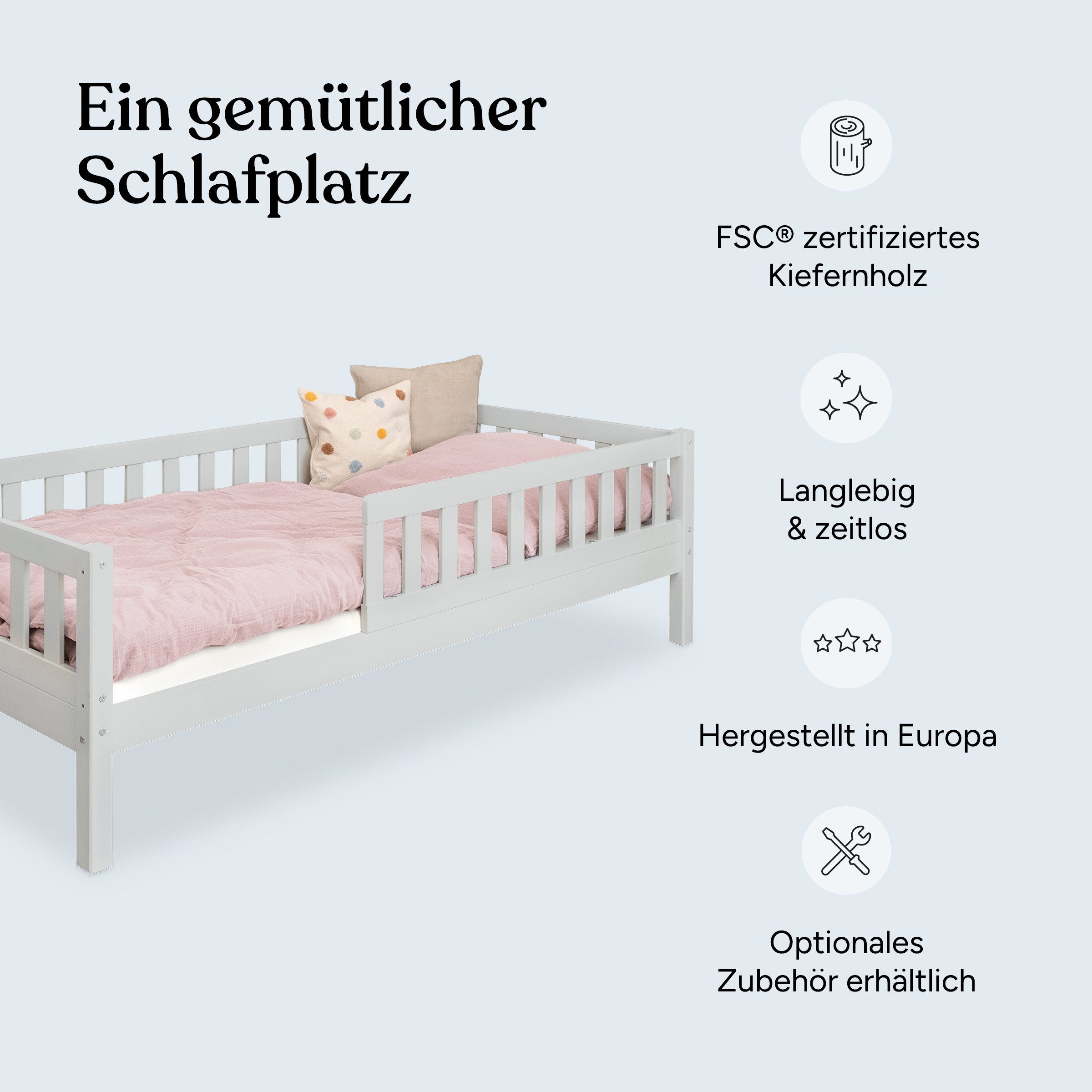Ehrenkind Kinderbett Lille aus massivem Kieferholz inkl. Rollrost und Rausfallschutz (90x200 cm Hellgrau, 2-in-1: Mit optionalem Umbauset zum Bodenbett umbaubar), flexibler Rausfallschutz beidseitig montierbar