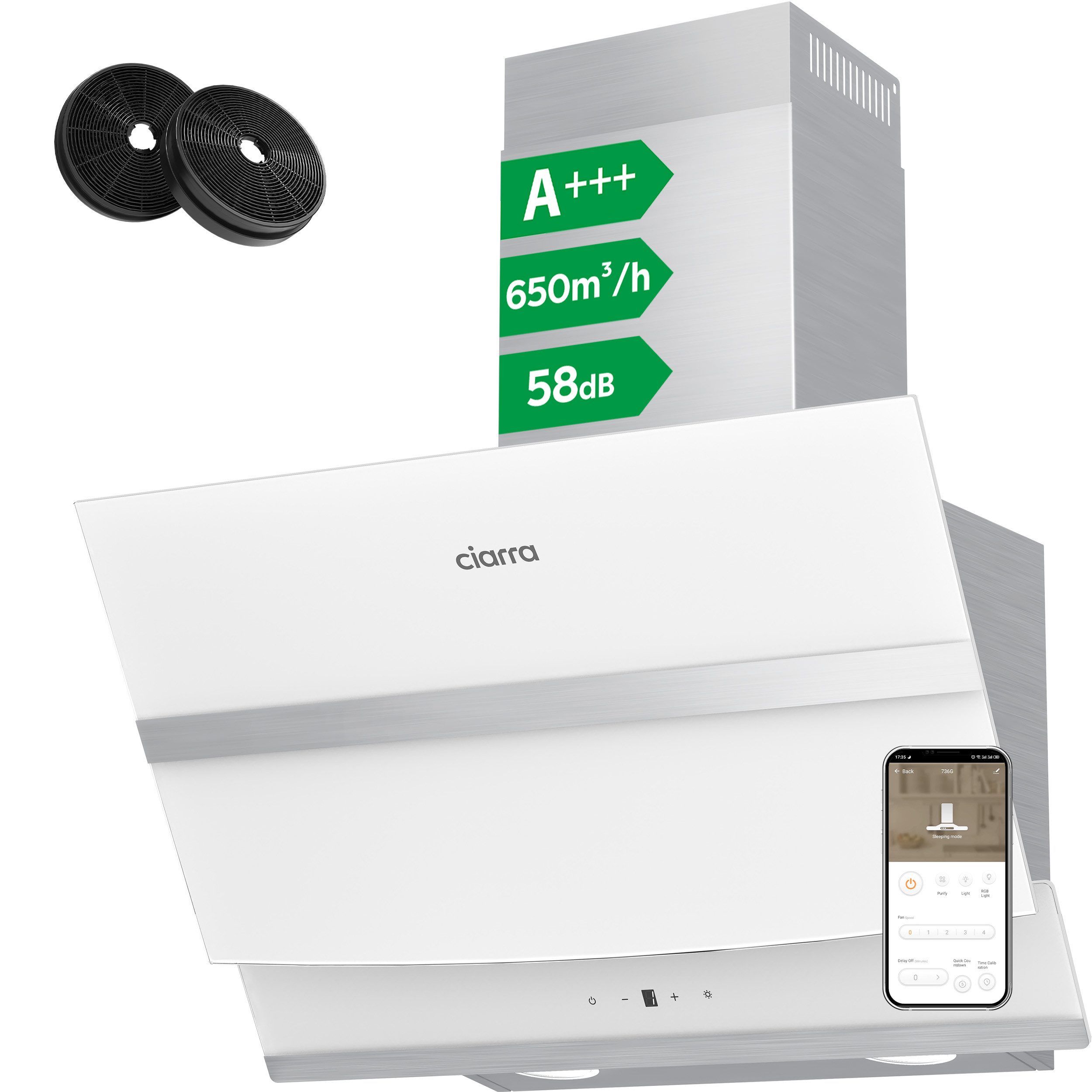 CIARRA Kopffreihaube 60 cm A+++ 650 m³/h Schräghaube leise Umluft & Abluft LED VM6736NW 60 cm A+++ 650 m³/h Schräghaube leise Umluft & Abluft LED VM6736NW, Kopffrei Dunstabzugshaube WIFI-APP Touch Control Inkl. BOOST 4 Stufen