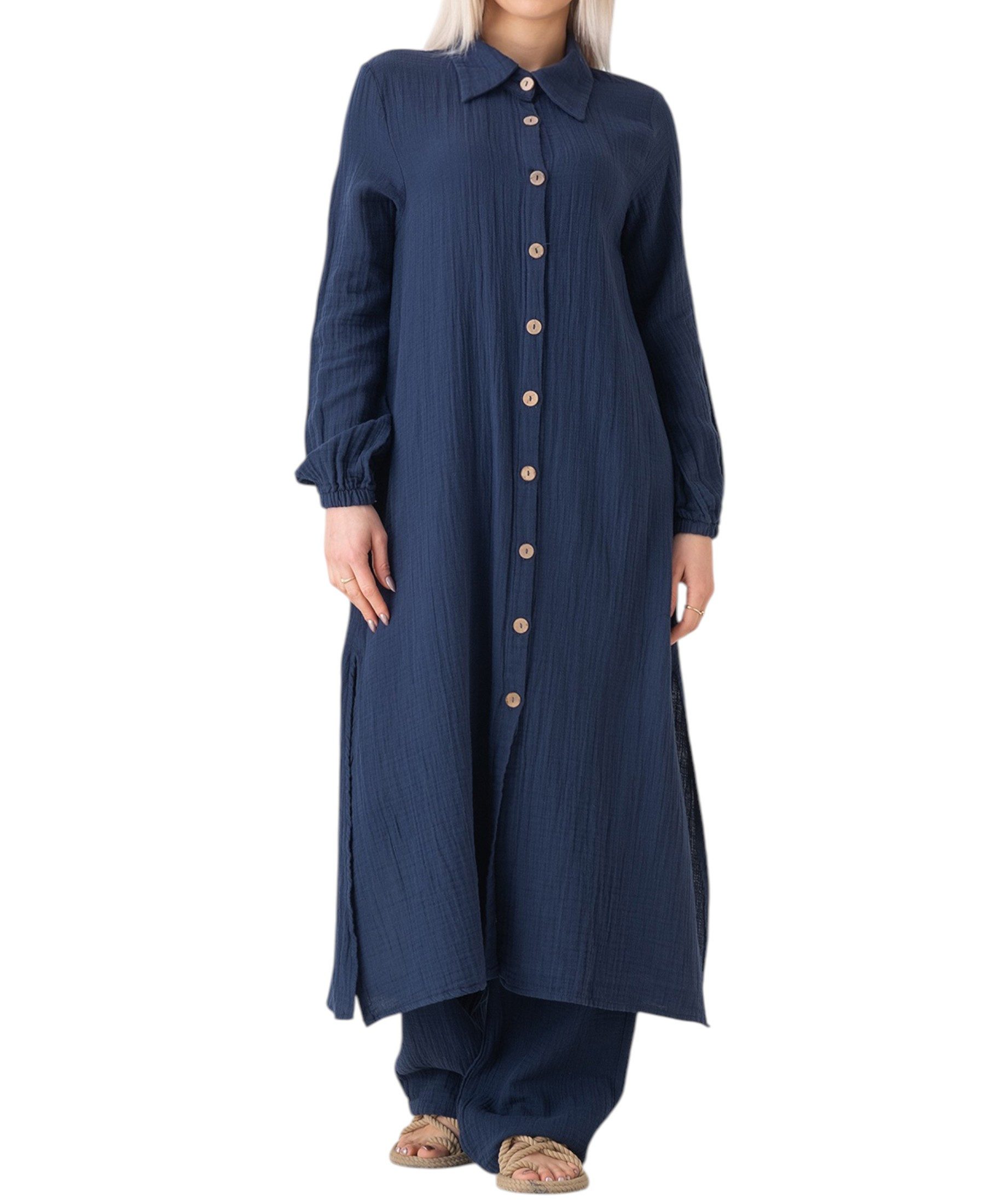 WENOR Longtunika Musselin 130cm lang Kokosknopf 100% Baumwolle Modest Look 36-50