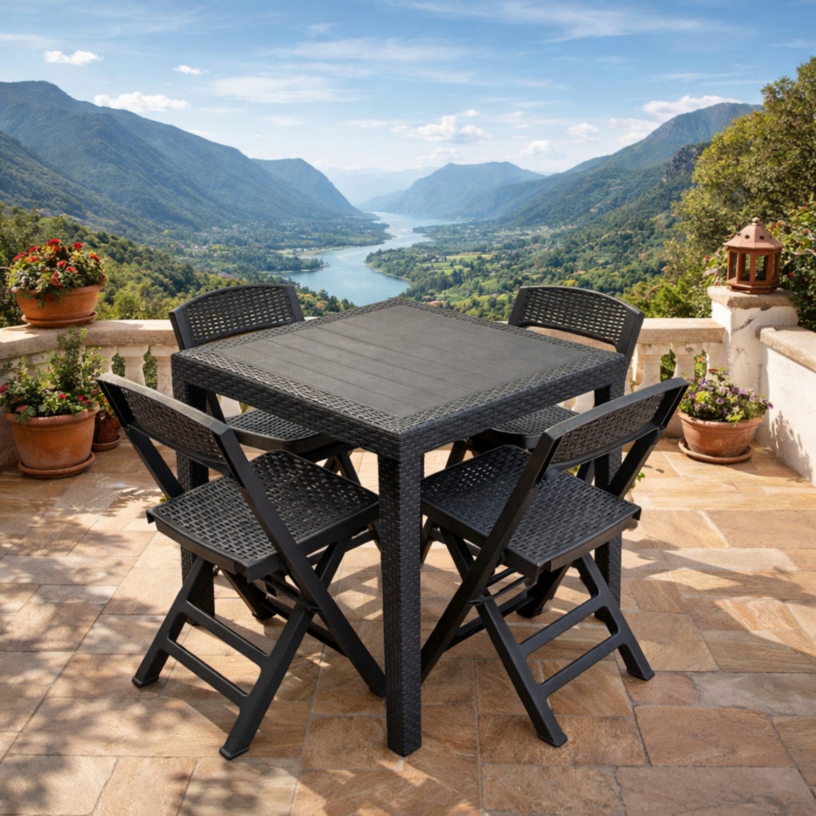 Progarden Sitzgruppe Gartenmöbel Kunststoff Anthrazit 5 Tlg. Set, (Set, 5-tlg., Tisch + 4 Klappstühle), UV-Beständig, Robust, Wetterfest, Made in Italy, Hochwertig