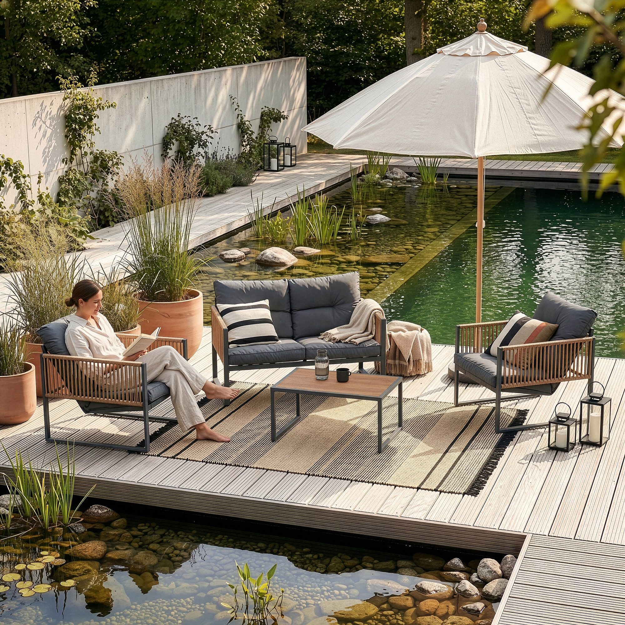 casa.pro Gartenlounge-Set, (Set, 4-tlg., 1 Couchtisch, 1 Sitzbank, 2 Sessel), »Karg« mit Polsterkissen Stahlgestell Dunkelgrau/Rattanoptik