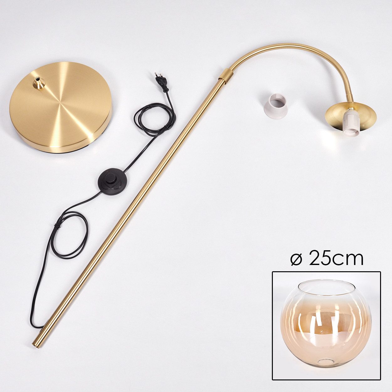 hofstein Bogenlampe Stehlampe aus Metall/Glas in Messing/Bernstein/Klar, ohne Leuchtmittel, Glasschirm (25 cm) u. Fußschalter, 1x E27, ohne Leuchtmittel – Bild 5 von 5