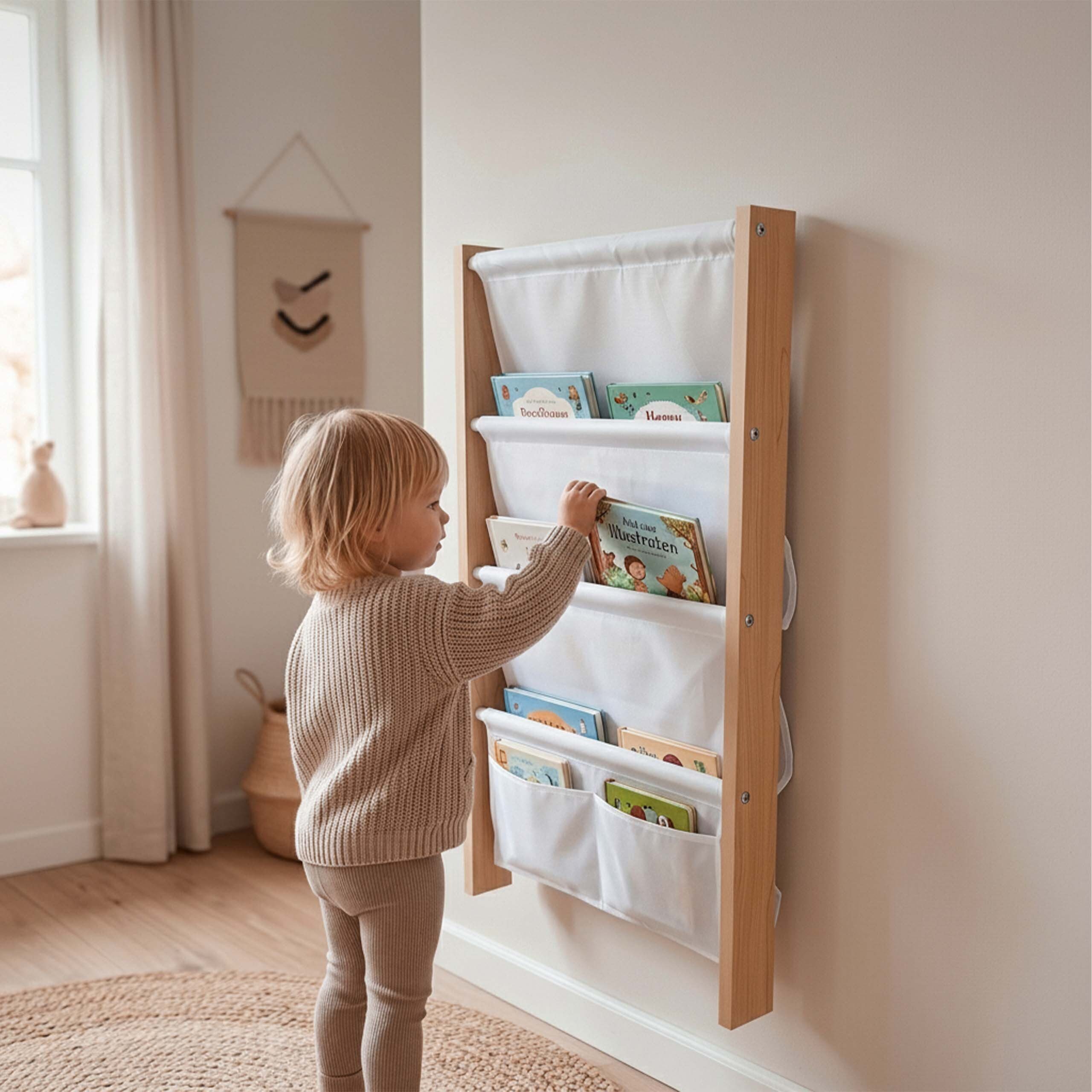 relaxdays Kinderregal Bücherregal Kinder mit Stofftaschen Wand, 4