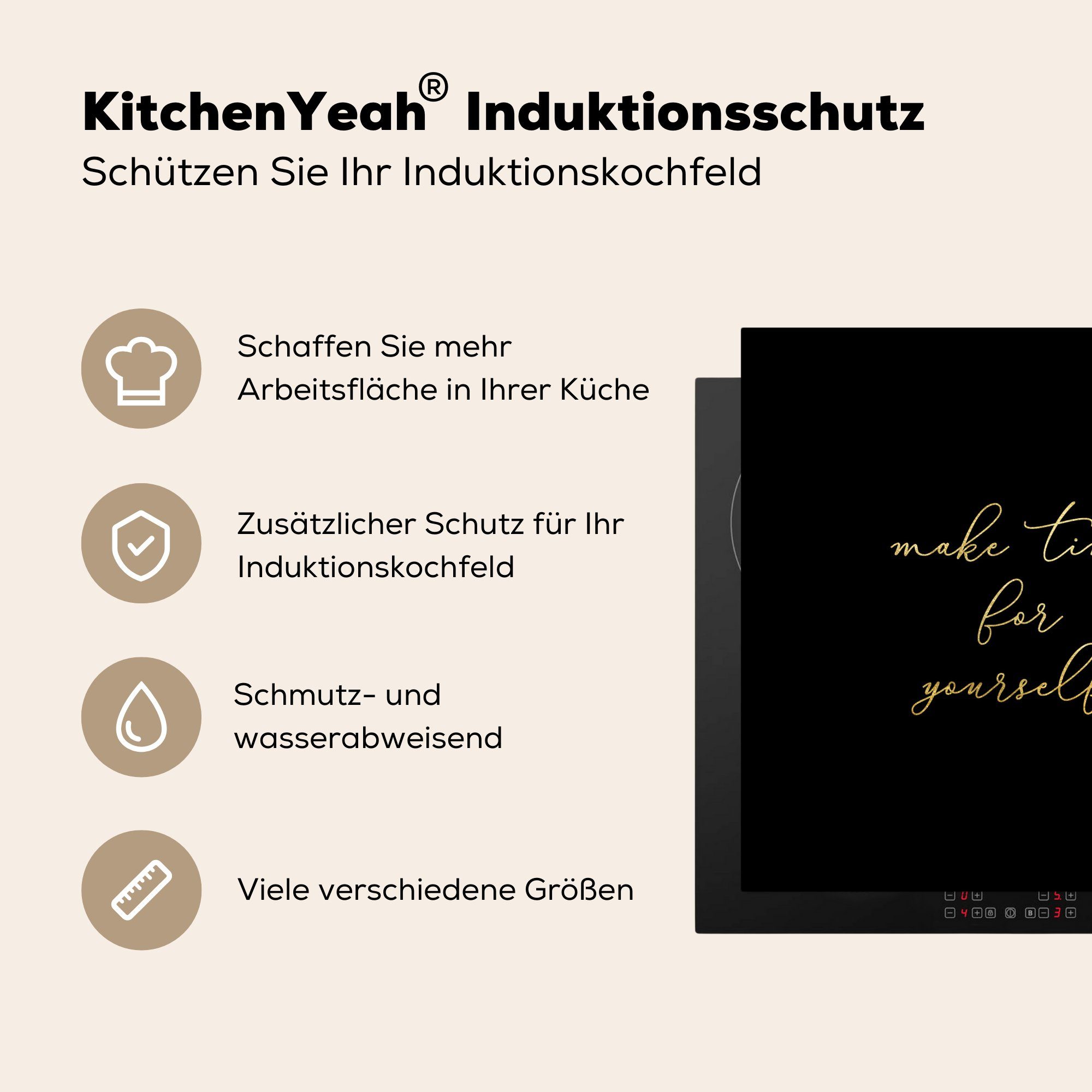 Zitat Arbeitsplatte Schwarz, (1 Gold küche 78x78 - Herdblende-/Abdeckplatte MuchoWow tlg), cm, Vinyl, - Ceranfeldabdeckung, - Selfcare für