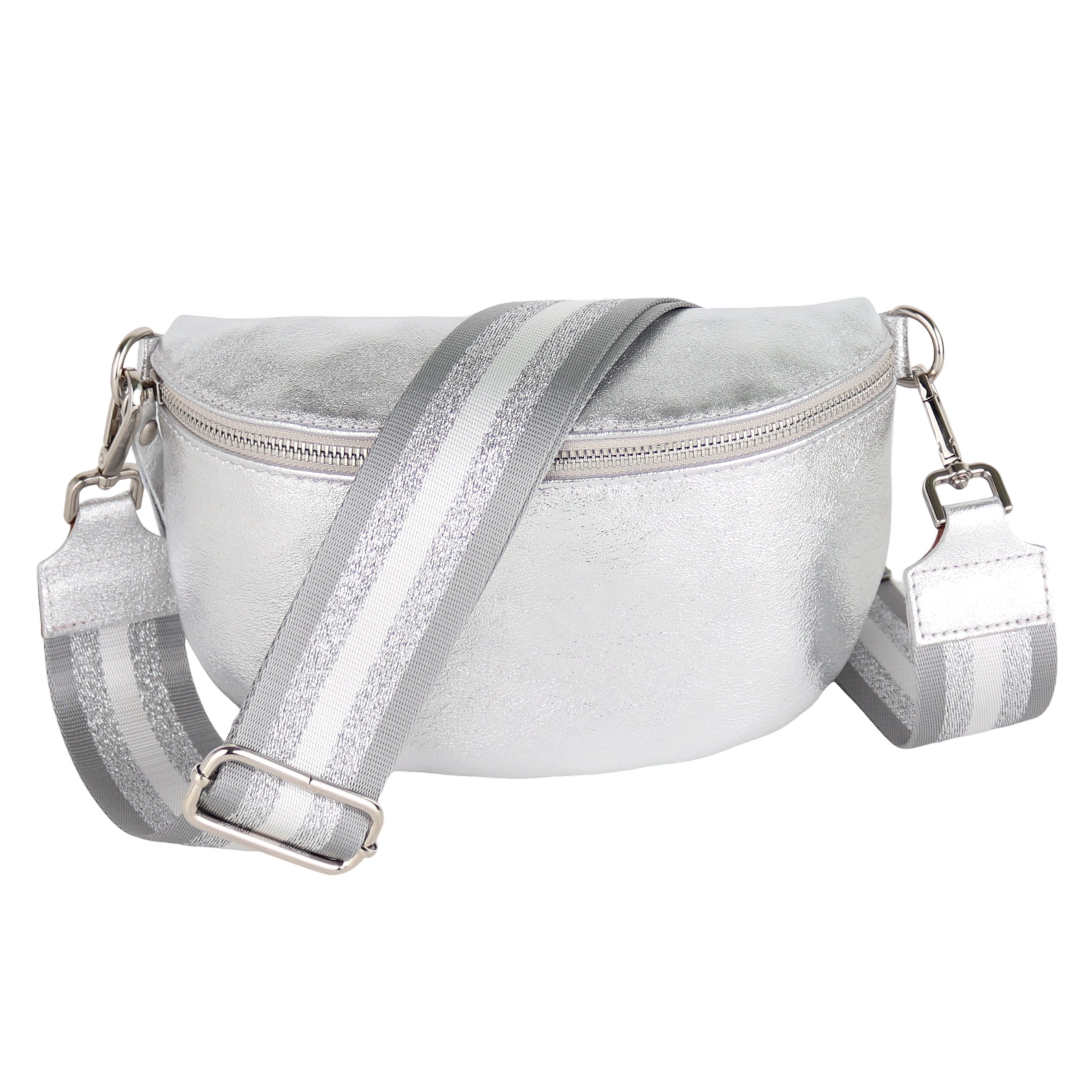 MIRROSI Bauchtasche Damen, Echtleder, Leder, Made in Italy, Umhängetasche, Brusttasche, (Schultertasche für jeden Anlass (1 Tasche & 1 / 2 Gurte), METALIC Gold Silber Crossbody Bag, verstellbare Schulterriemen