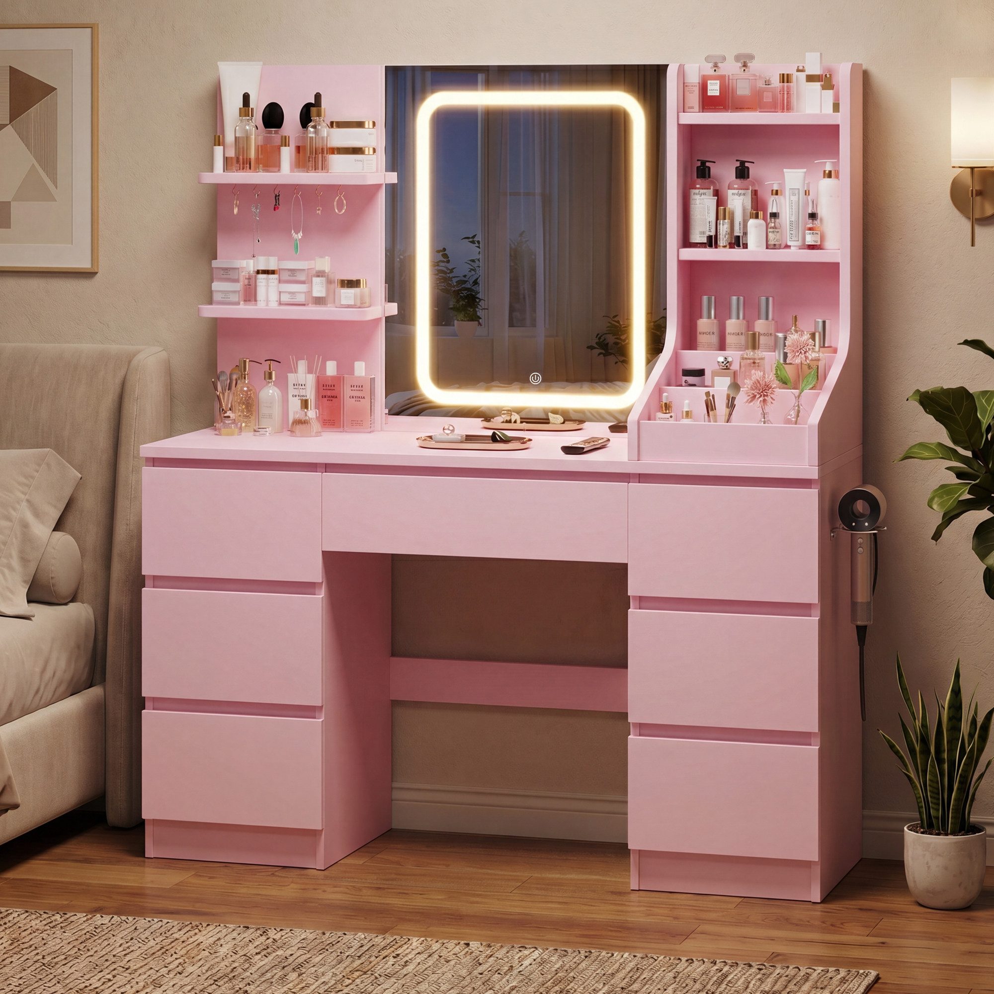 HOMALL Schminktisch Spiegel mit LED-Beleuchtung, 7 Schubladen (Maße: 110 × 40 × 139 cm, drei einstellbare Farbtemperaturen, mit 8 offenen Ablagefächern, 6 Schmuckhaken, 2 Steckdosen, 1 USB-Anschluss, 1 Typ-C-Anschluss und einer Haartrocknerhalterung)