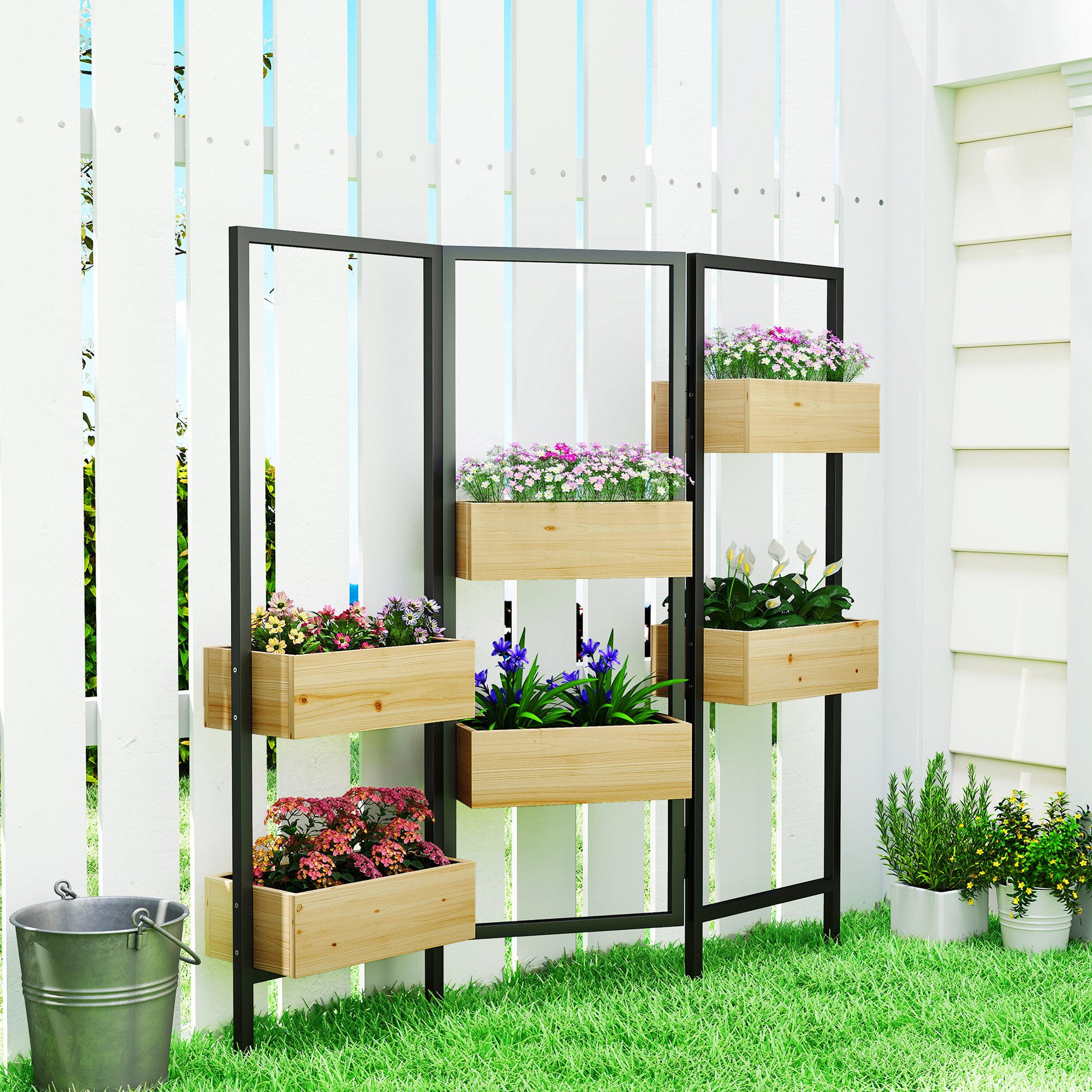 Outsunny Hochbeet Blumenkasten mit Sichtschutz, Gartenspalier für Kletterpflanzen (1 St), Raumteiler mit 6 Pflanzkästen, klappbar