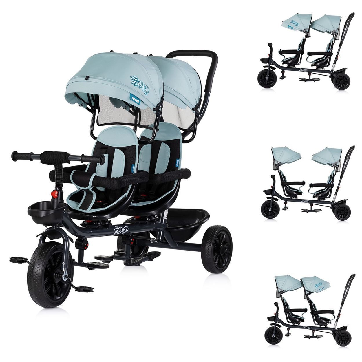 Chipolino Dreirad Geschwisterdreirad Tricycle Hip Hop, zwei Kinder, bis 40 kg, Sitze 360° drehbar