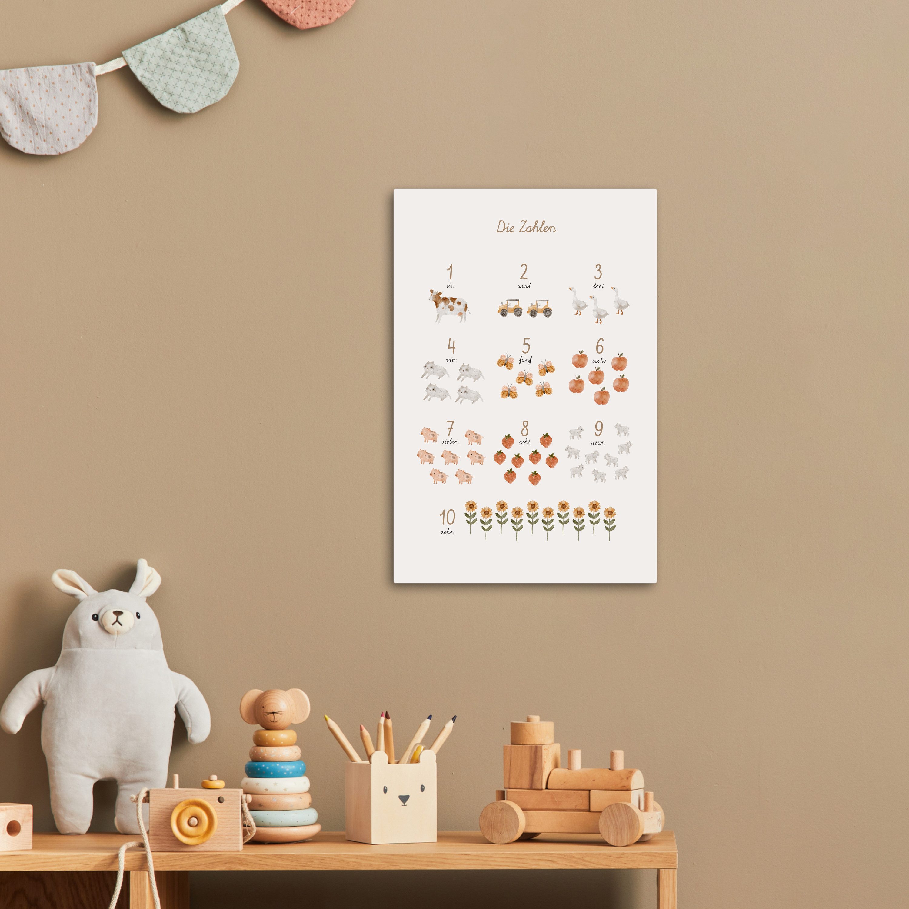 OneMillionCanvasses® Leinwandbild Pädagogisch - Zählen lernen - Beige - 1-10 - Bauernhof, Fotodruck (1 St), Kinderzimmer Deko, Mädchen und Jungen Bilder 20x30 cm