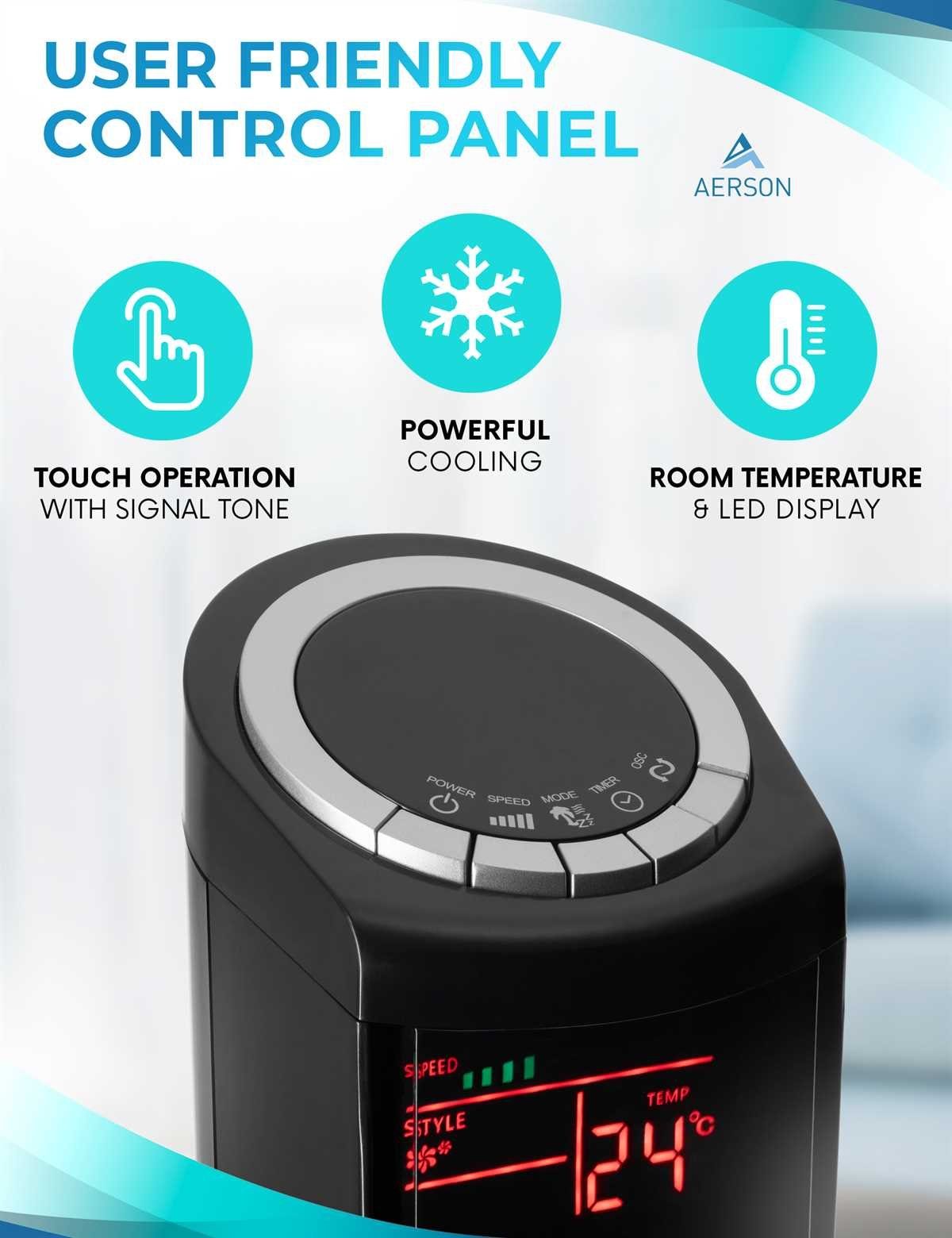 AERSON Turmventilator Ventilator mit Fernbedienung & Timer 90 cm, Tower Fan Oszillation, 3 Stufen, LED Display Raumtemperaturanzeige 45 W