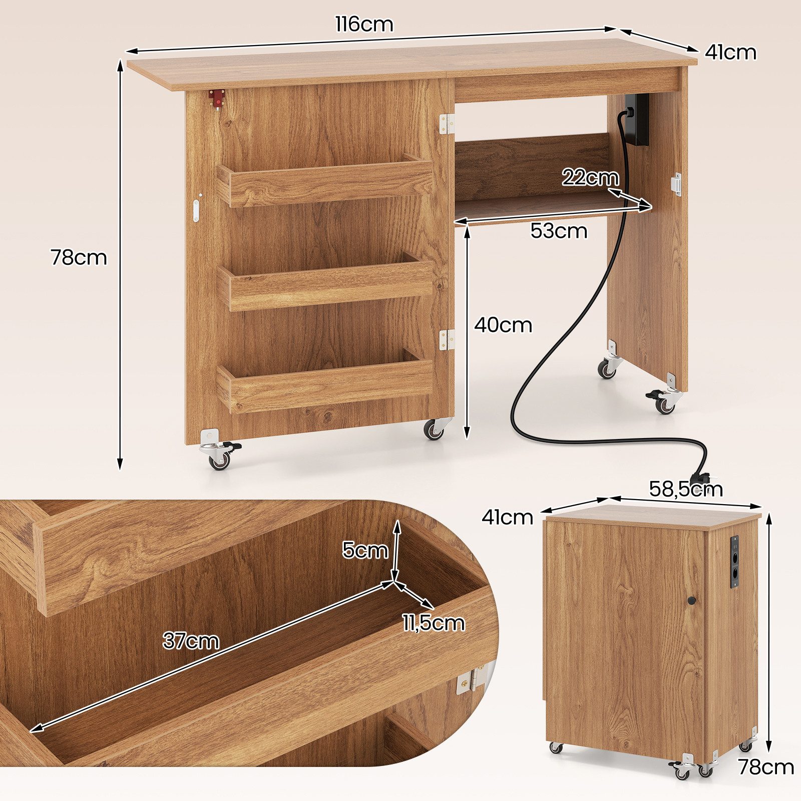 COSTWAY Schreibtisch 2 in 1 Nähtisch klappbar mit Ladestation, Rollen, Nähmaschinenschrank – Bild 5 von 5