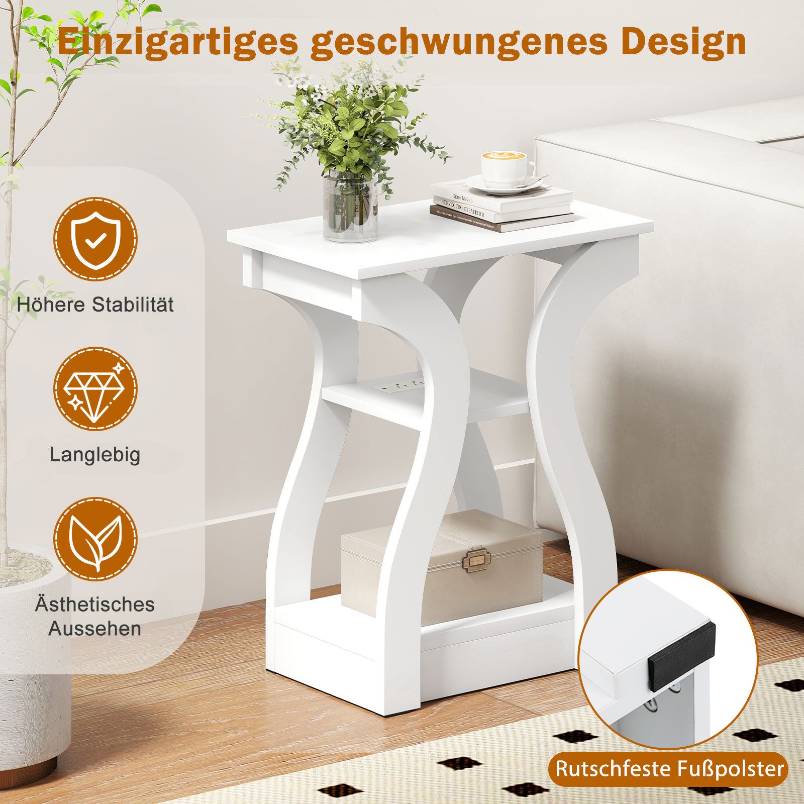 COSTWAY Beistelltisch mit Ladestation 3-stöckiger Nachttisch (2er Set), Holz schwarz – Bild 4 von 5