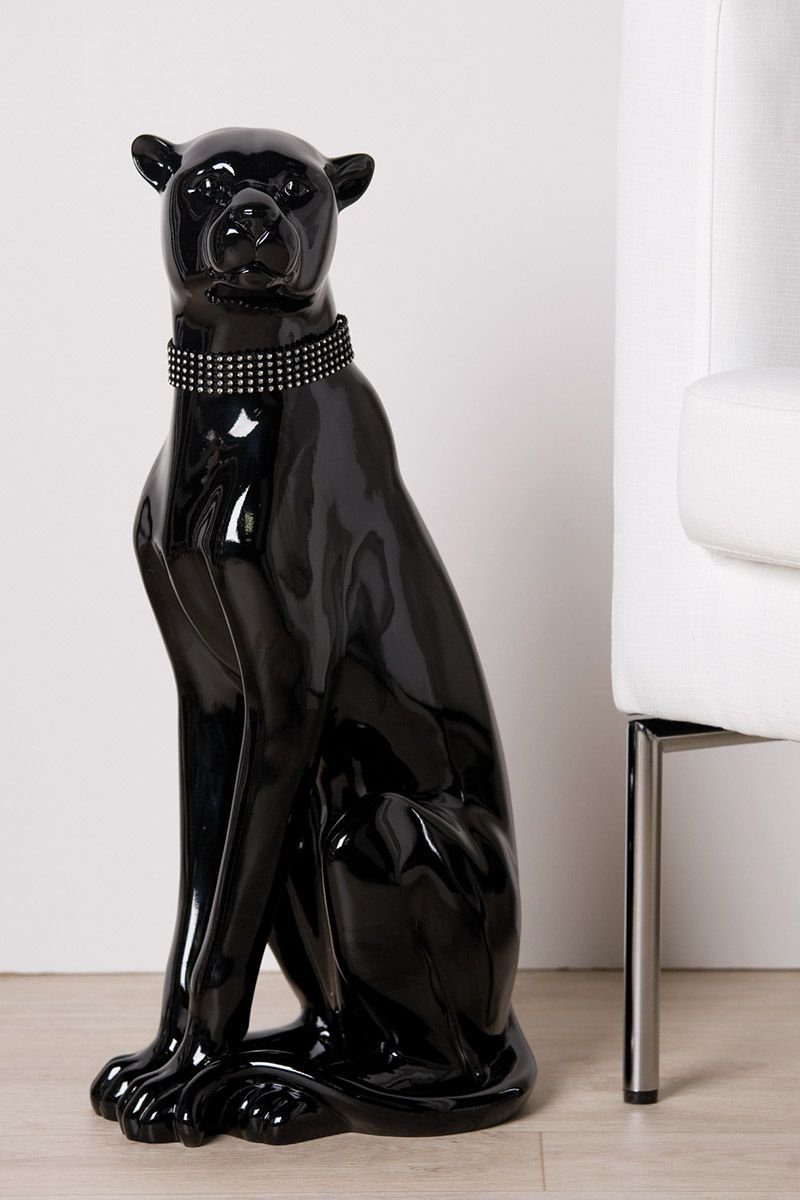 GILDE Dekoobjekt Poly Figur " Panther " sitzend schwarz, mit Diamanthalsband glänzend D