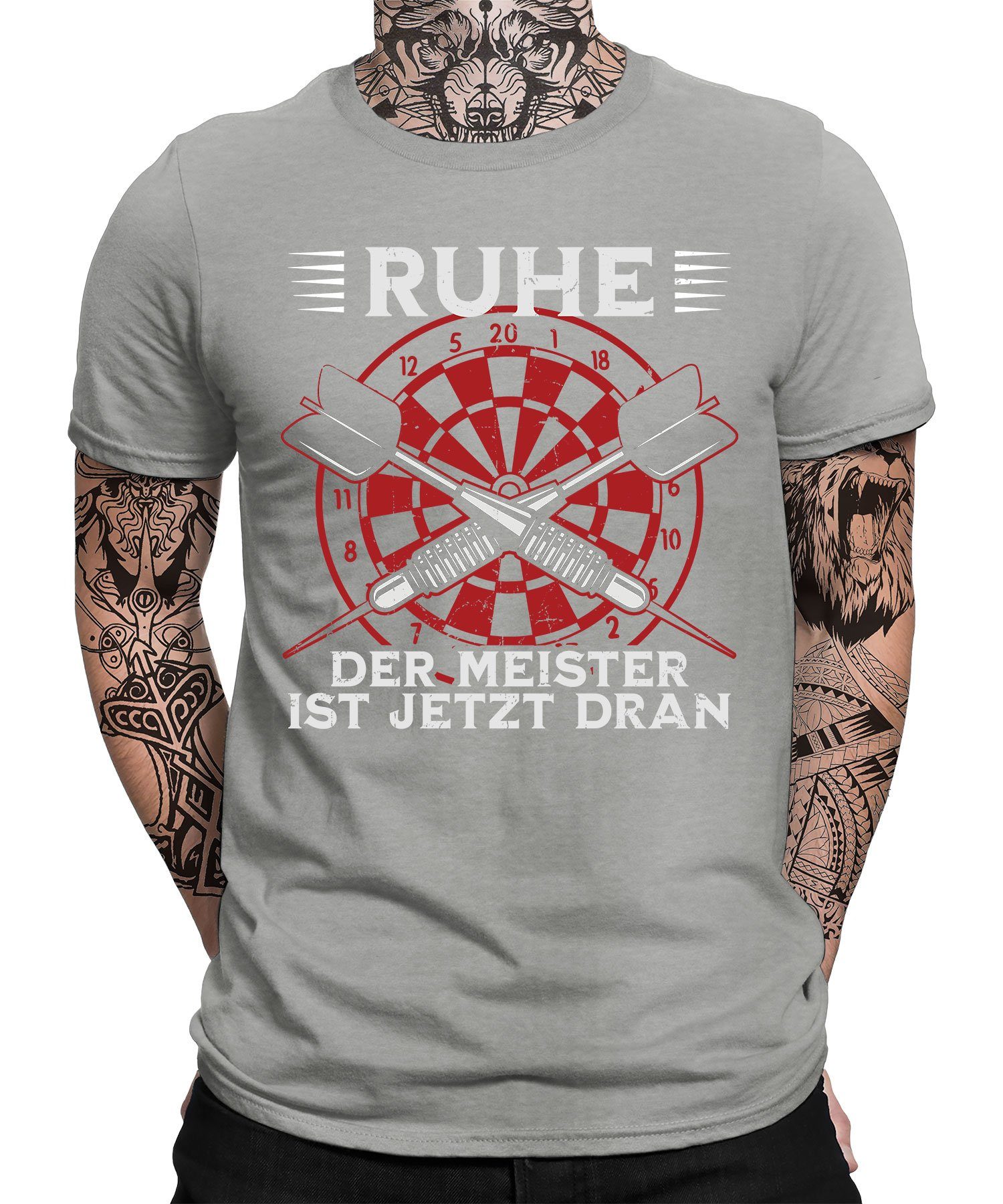 Quattro Formatee Kurzarmshirt Der Meister - Dart Dartscheibe Dartpfeil Dartspieler Herren T-Shirt (1-tlg) Heather Grau