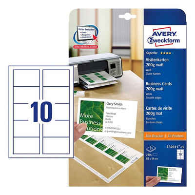 Avery Zweckform Visitenkarten C32011-25, weiß-matt, ohne Perforation, 200 g/m²