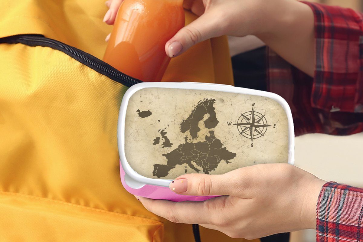 MuchoWow Lunchbox Karte - Kunststoff Europa für (2-tlg), Mädchen, Snackbox, - Brotbox Erwachsene, Kinder, rosa Brotdose Kompass, Kunststoff
