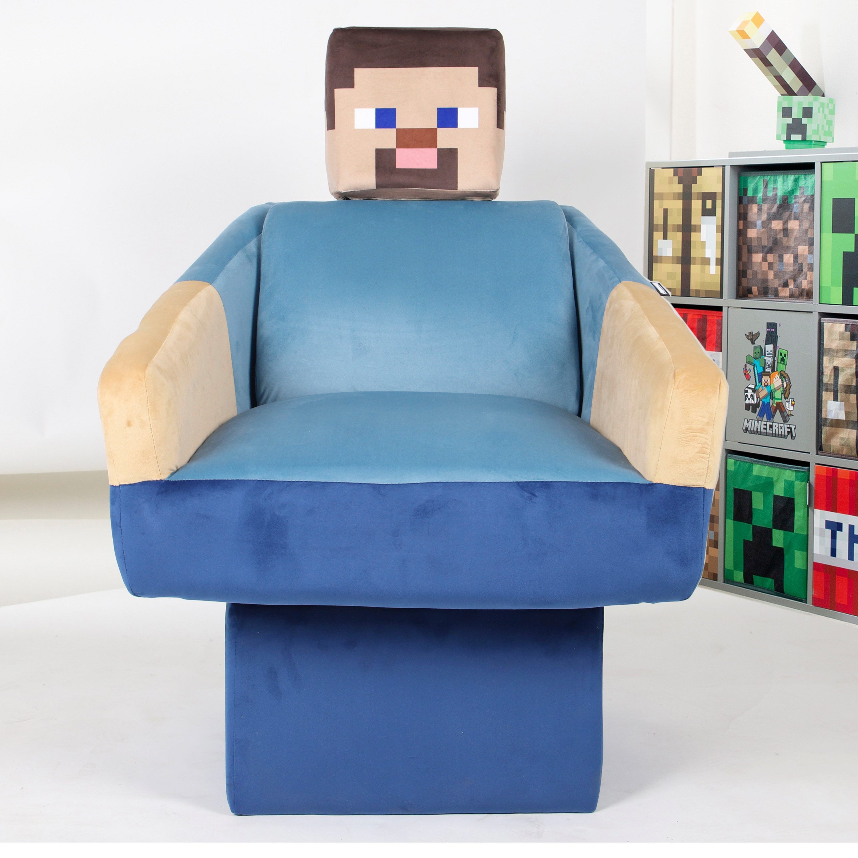 Minecraft Drehsessel für Kinder, Jugendliche & Erwachsene - praktische 360° Drehfunktion, Mit Lehne und Kopfstütze - im Design des Charakter Steve