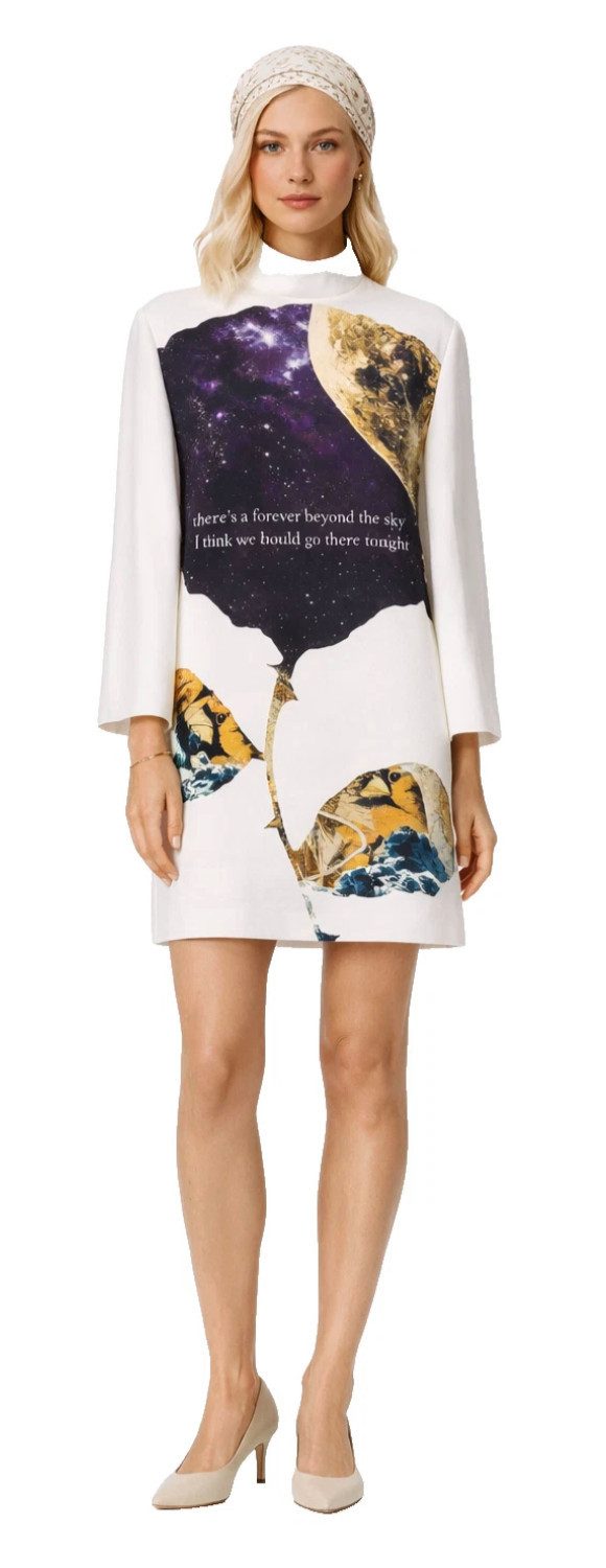 VALENTINO GARAVANI Midikleid Rollkragen Kleid Minikleid A-Linie Schurwolle Seide Ausdrucksstarker poetischem Print Beyond the Sky