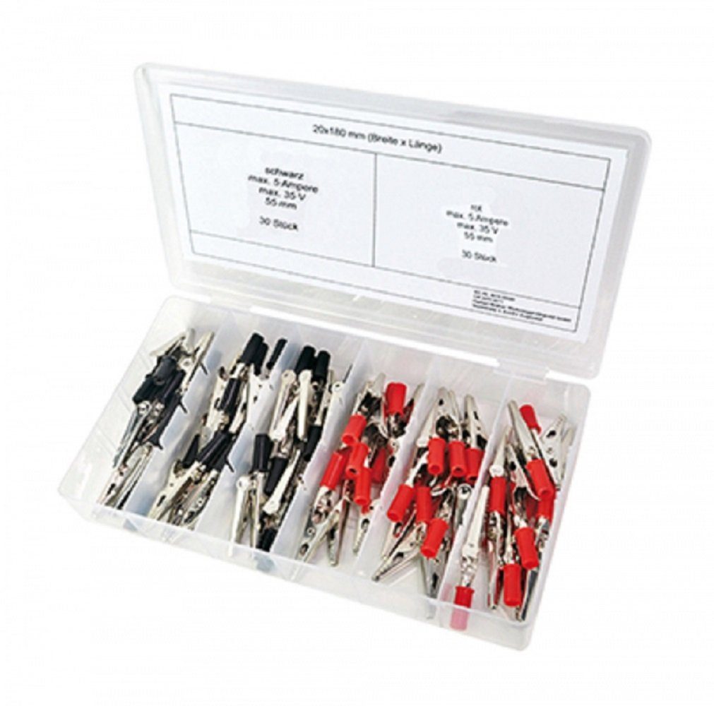 Werkstatt-Set Krokodilklemmen Sortiment 60tlg Klemmen rot u. schwarz BOX-KK60 HM Müllner