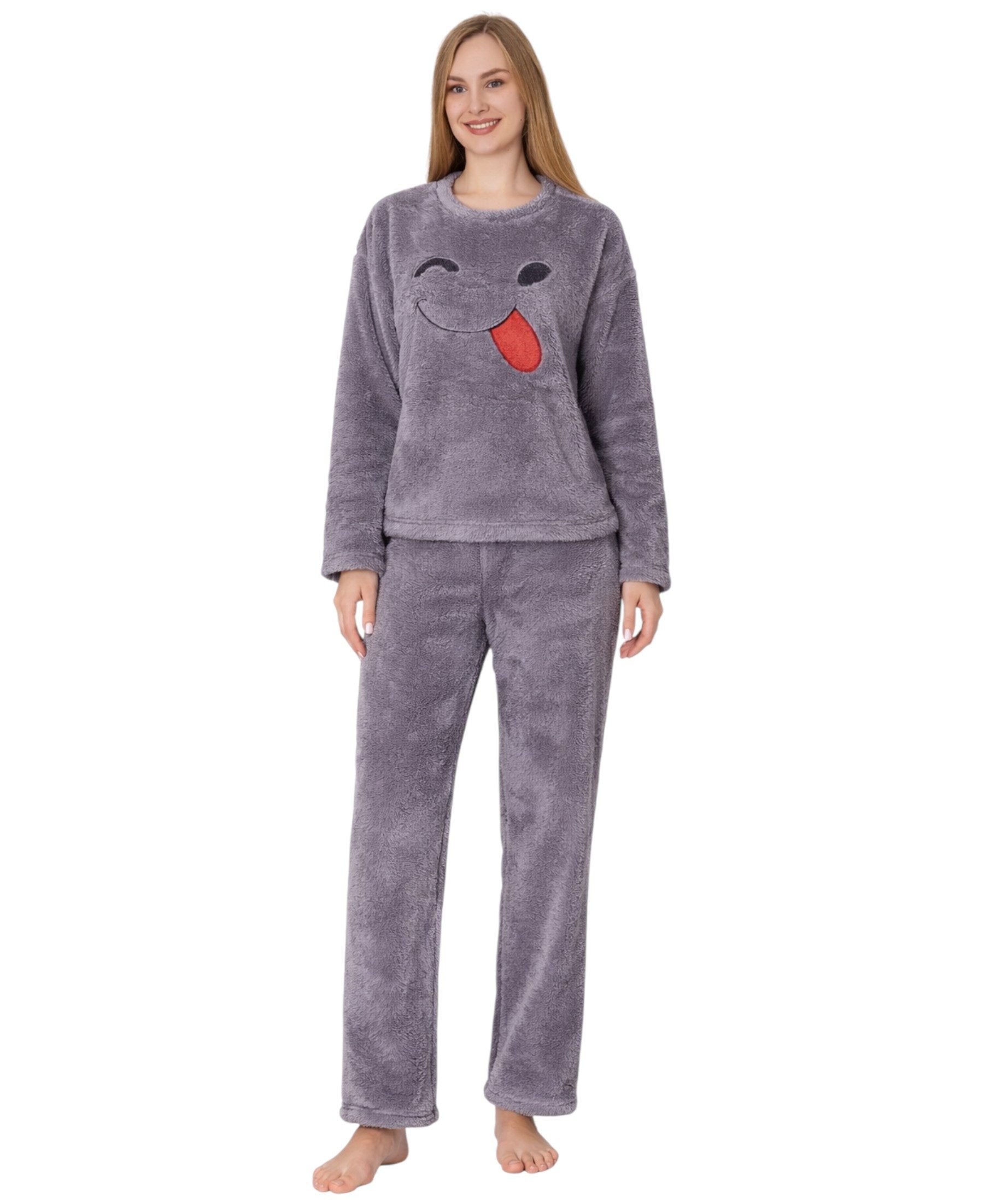 fashionshowcase Hausanzug Damen Winter Pyjama Set aus Plüsch, weicher Zweiteiler (Zweiteiliges Set (Langarmshirt und Hose) Kuscheliger Plüschstoff, modernes Design mit Schriftzug