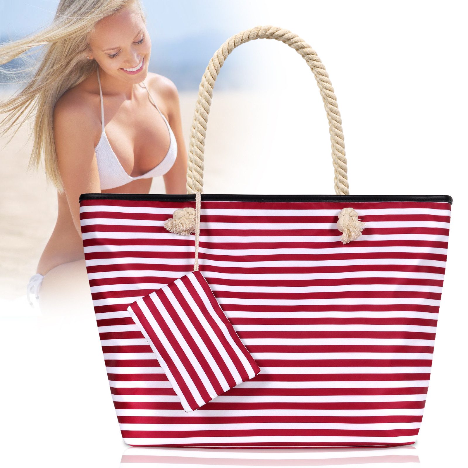 TAN.TOMI Strandtasche Grosse Strandtasche Shopper Mit Reissverschluss Wasserdicht Badetasche, Damen Strandtasche XL Familie Beach Tote Bag Inkl Kleinem Beutel