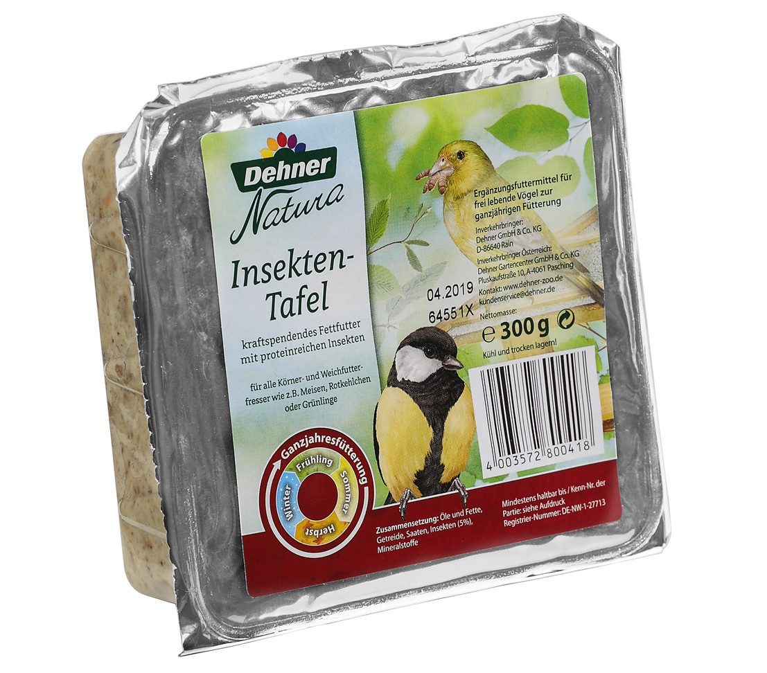 Dehner Natura Premium Tafel-Mix inkl. Spender, Wildvogelfutter, 6 x 300 g, Kraftfutter für: Wildvogel, Futtertafeln mit Beeren / Erdnuss / Insekten, Ganzjahresfutter