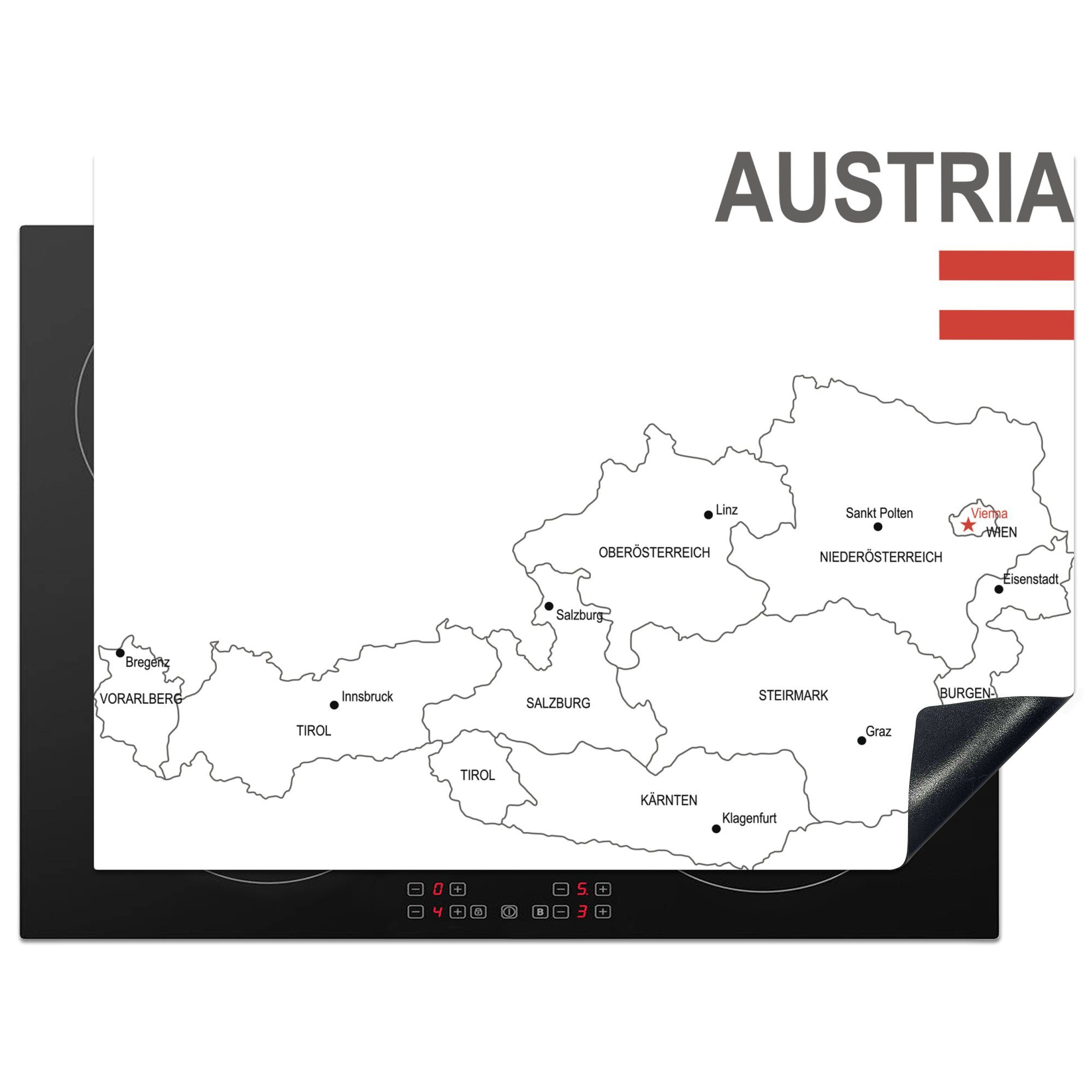 MuchoWow Herdblende-/Abdeckplatte Illustration einer weißen Karte von Österreich mit der Landesflagge, Vinyl, (1 tlg), 70x52 cm, Mobile Arbeitsfläche nutzbar, Ceranfeldabdeckung