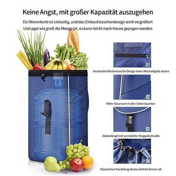 DOPWii Einkaufstrolley Klappbarer Einkaufswagen mit abnehmbarer Tasche, Einkaufswagen mit ergonomischem Griff, 29*33*90cm, Blau/Braun