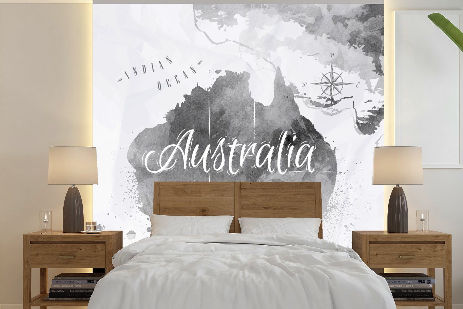 MuchoWow Fototapete Australien - Schlafzimmer Matt, Aquarell, Vliestapete - Weltkarte für Wohnzimmer bedruckt, Küche, Fototapete (4 St)