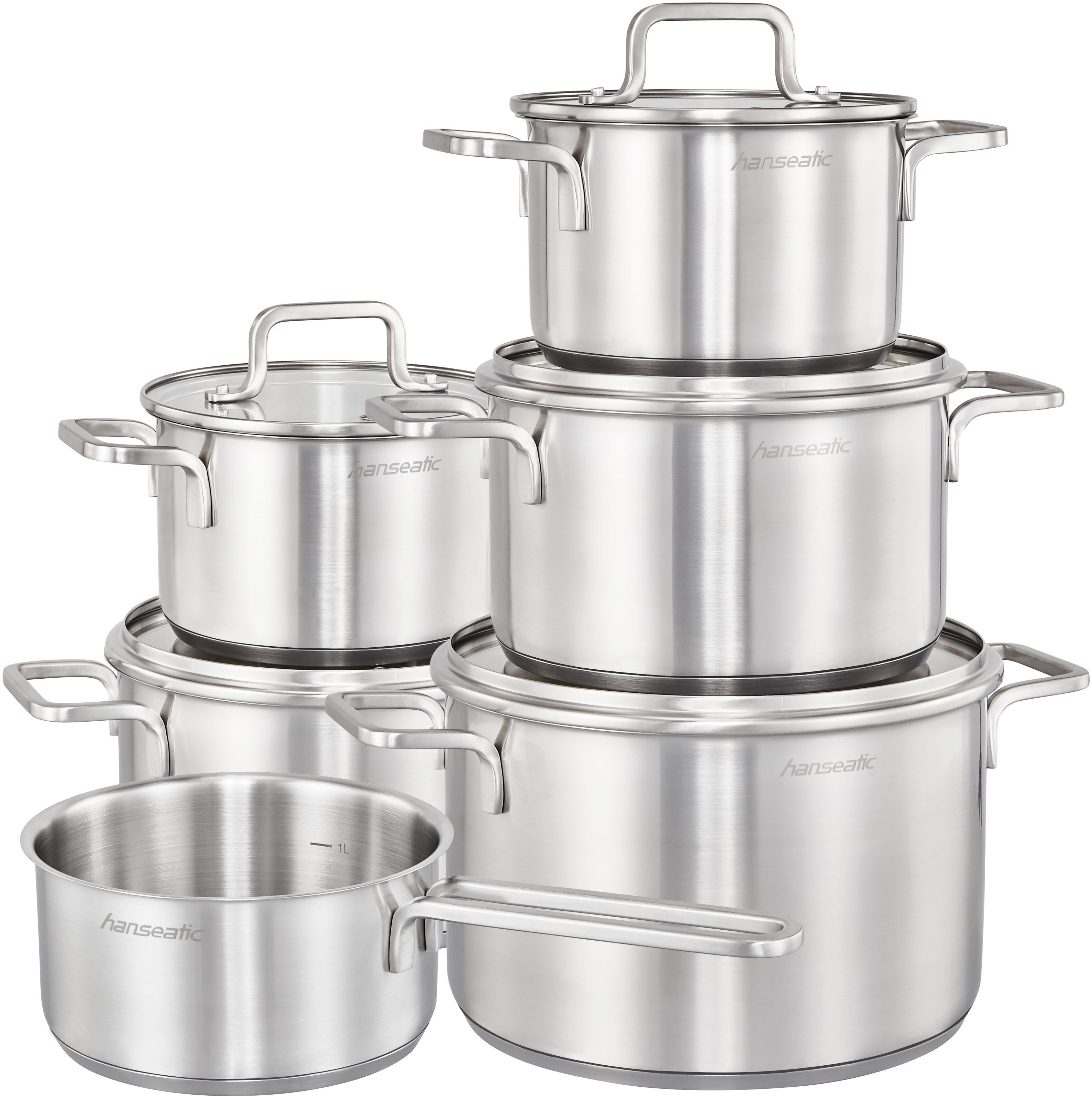 Hanseatic Topf-Set DAILY, Edelstahl 18/10 (Set, 11-tlg., Fleischtopf 2x 16 cm / 2x 20 cm / 1x 24 cm, Stielkasserolle 16 cm), handfreundliche Griffe, Literskala, Glasdeckel, Induktion