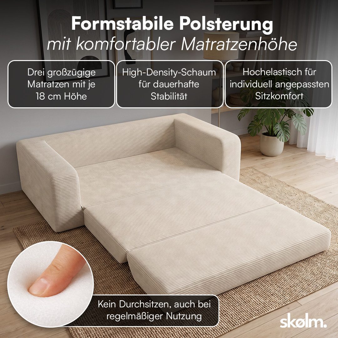 skølm Schlafsofa Laga aus Cord, Sofa 2 Sitzer mit Armlehnen, als Gästebett nutzbar, Beige, ausklappbare Schlafcouch 186x135 cm, vakuumiert – ohne Aufbau – Bild 3 von 5